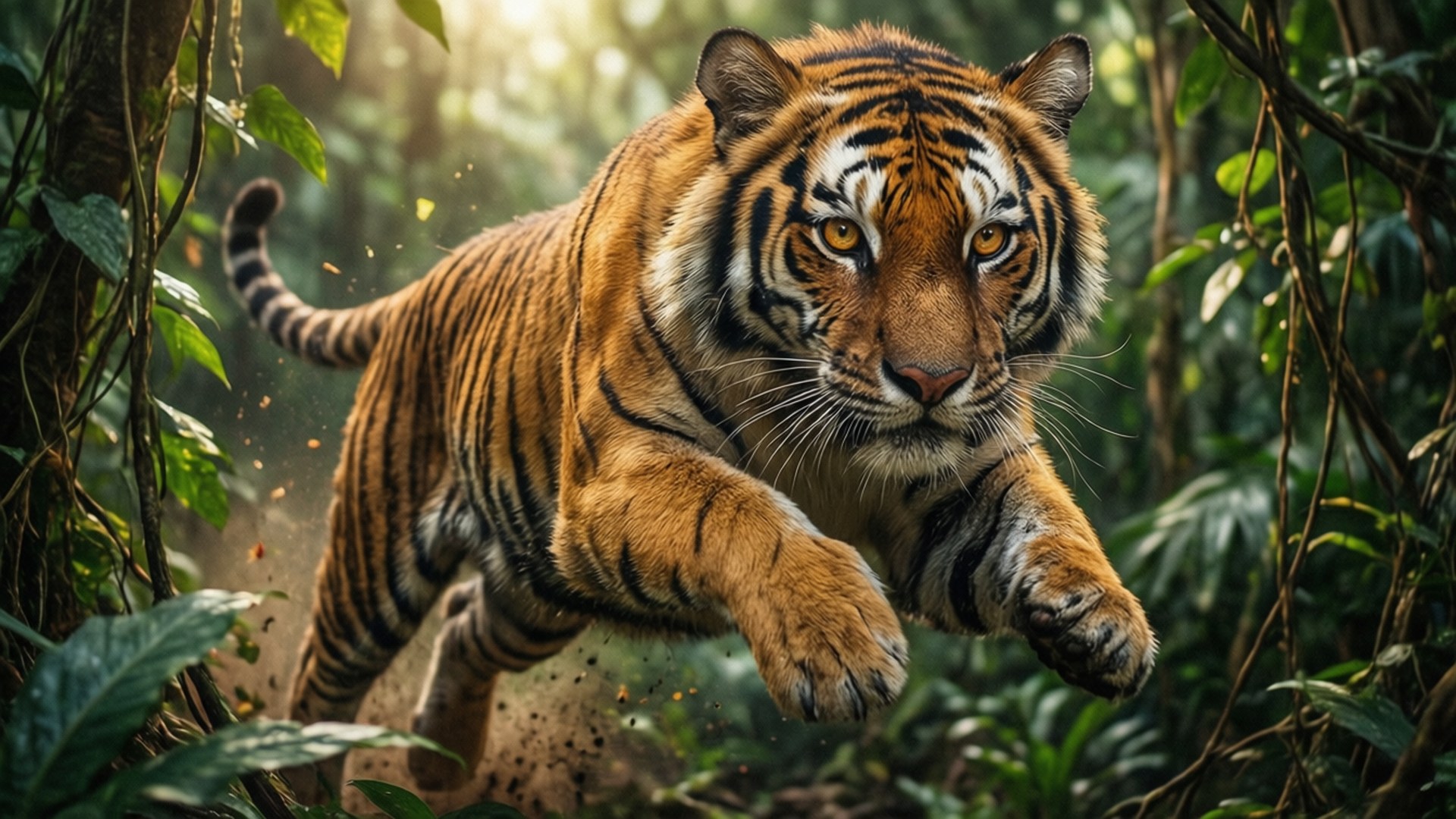 叢林猛虎躍動 壁紙 — 一隻威嚴的老虎在陽光明媚的叢林中跳躍，擁有鮮豔的橙色皮毛和銳利的琥珀色眼睛。