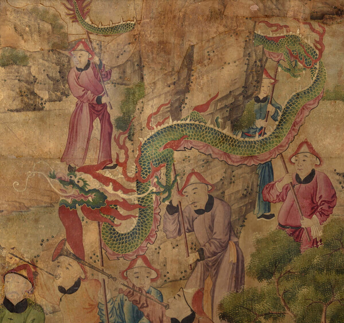 藝術 桌布 壁紙 — 古代中國卷軸描繪身穿傳統長袍的男子手持長矛，而一條帶有紅色點綴的鮮綠色龍在岩石峭壁和樹木間盤繞。