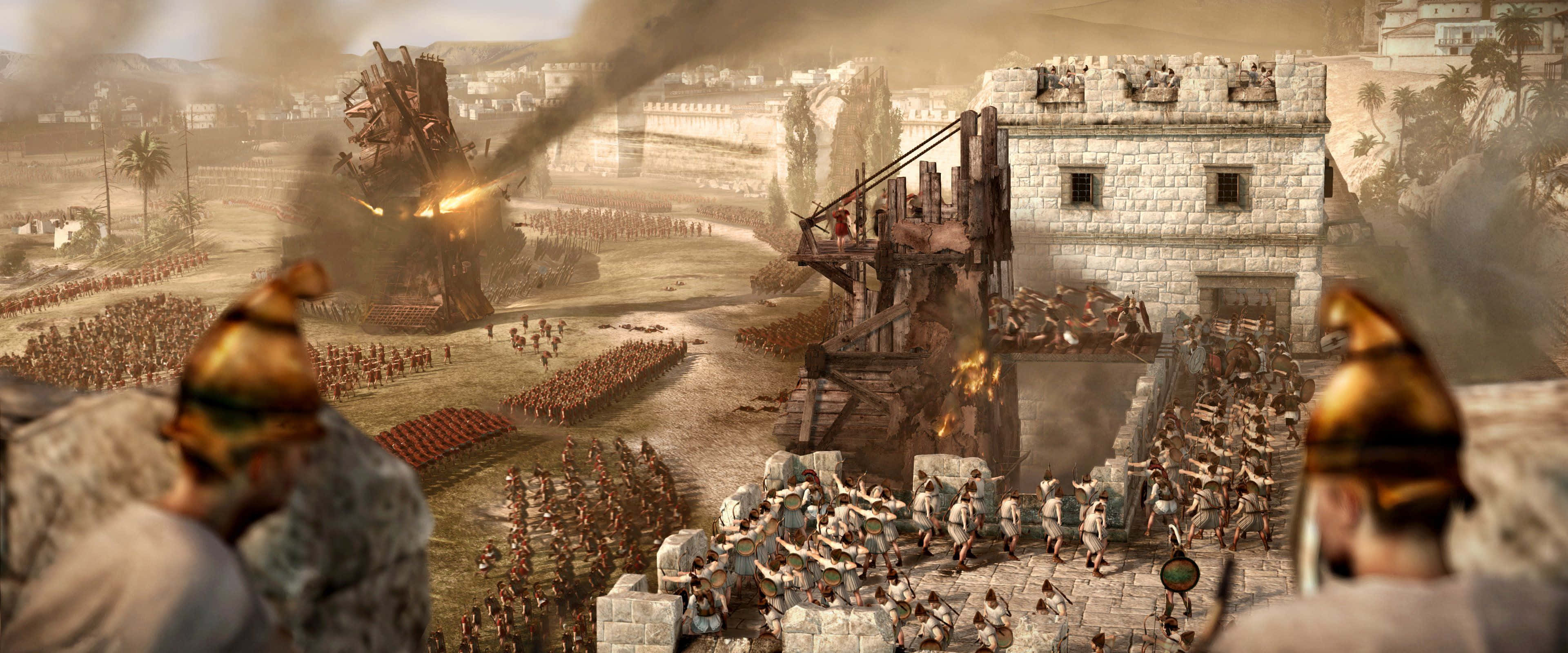 Ancient Roman Desktop 桌布 壁紙 — 古代士兵在混亂的攻城戰中衝突，投石機發射，煙霧在石牆和擁擠的街道上升起。