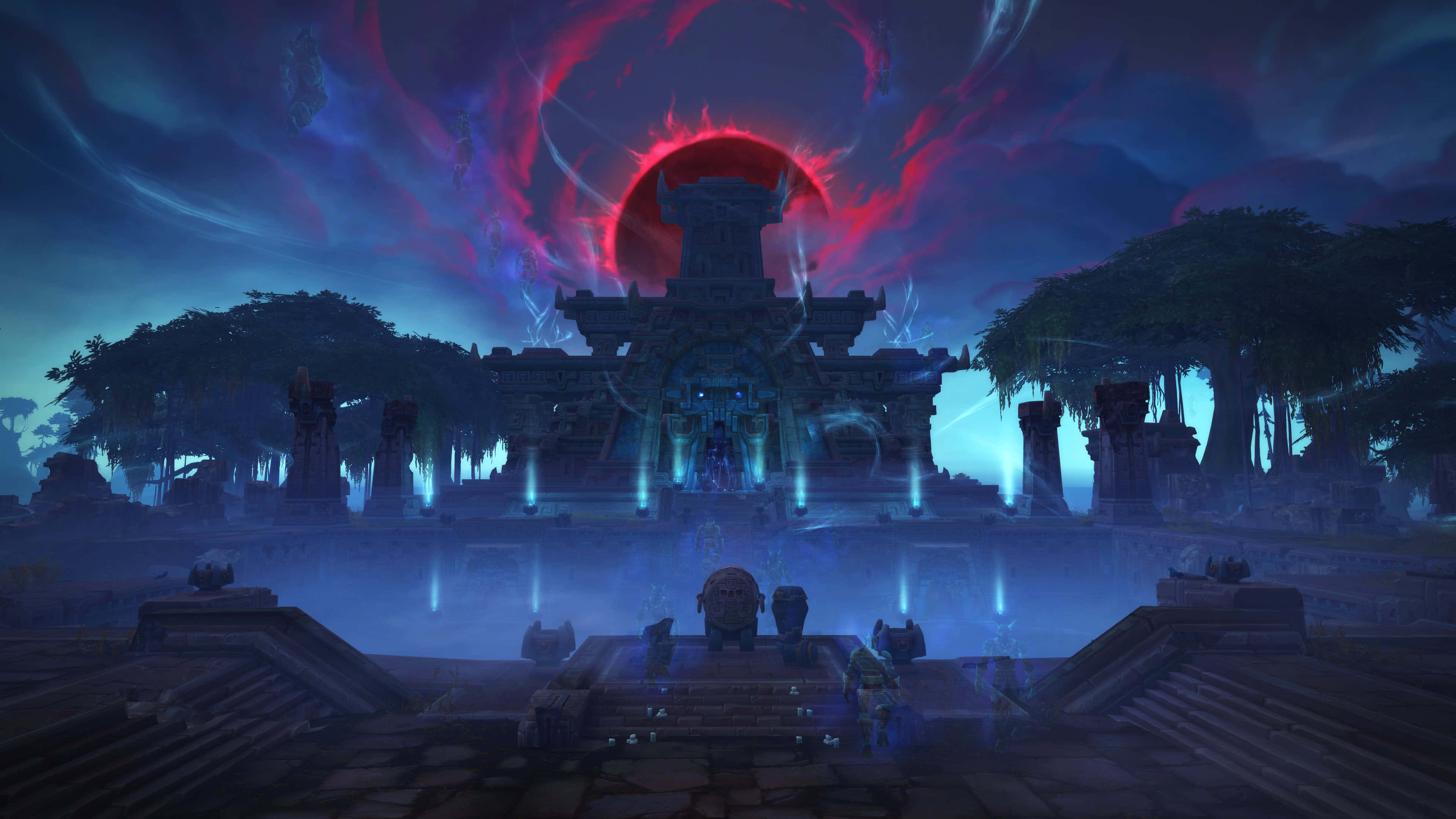 魔獸世界 桌布 壁紙 — 古代寺廟遺跡在旋轉的紅色和紫色天空下，伴隨著巨大的紅色太陽，發出藍色光芒。
