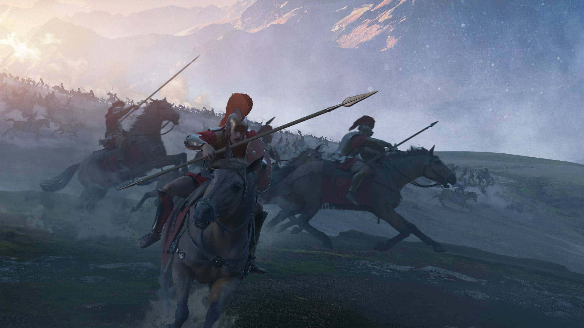 Total War Attila 桌布 壁紙 — 古代戰士的騎兵衝鋒，在黎明時分高舉長矛，奔騰過霧氣籠罩的山脊。