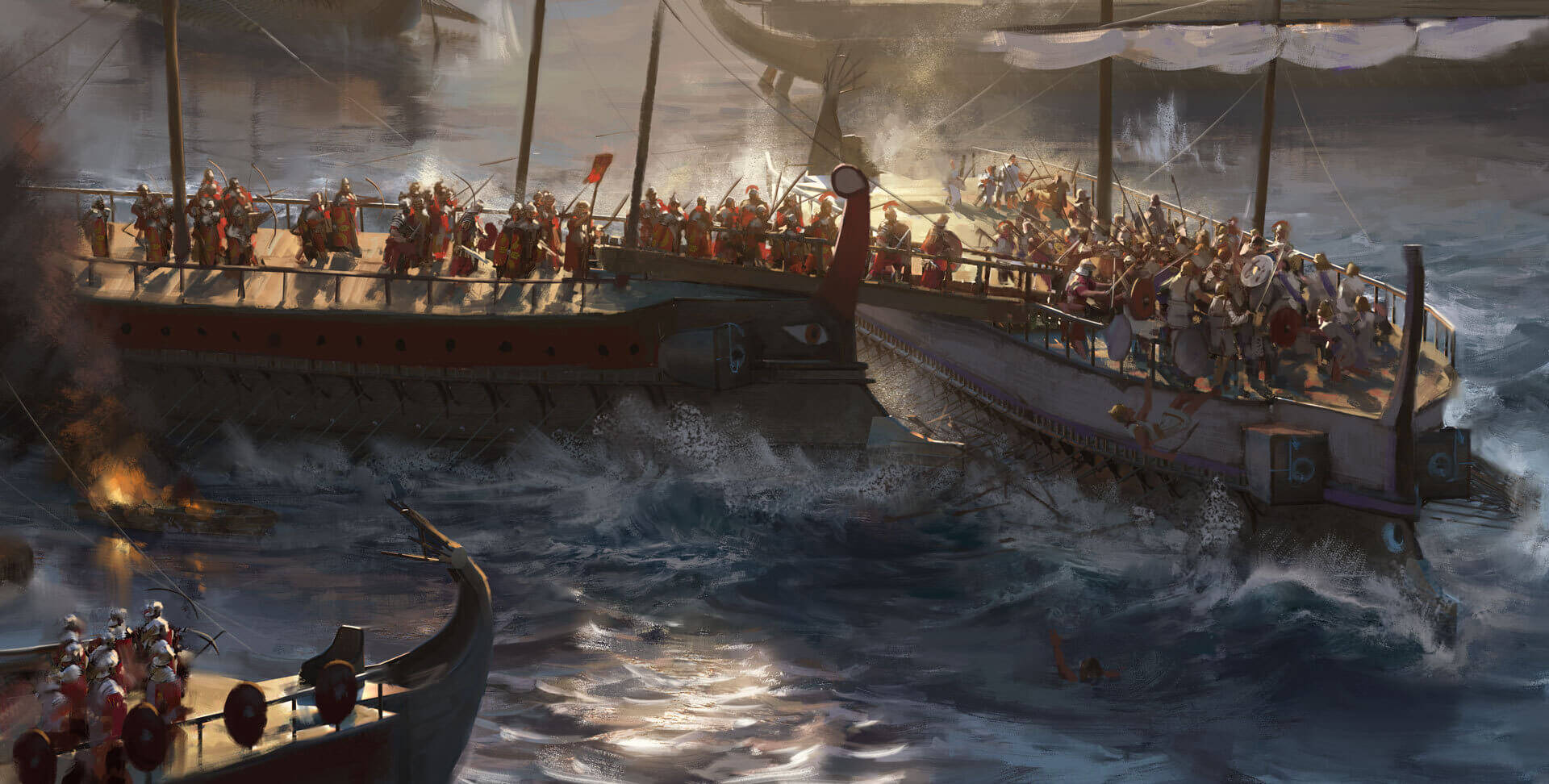 Carthage 桌布 壁紙 — 古代戰艦在波濤洶湧的大海中碰撞，士兵們在巨浪和猛烈爆炸中戰鬥。