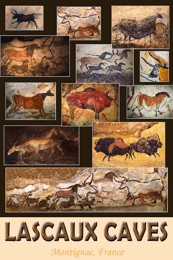 Lascaux Caves 桌布 壁紙 — 古代拉斯科洞穴壁畫的拼貼畫，以大地色調在紋理岩石牆壁上描繪野牛和馬等野生動物。