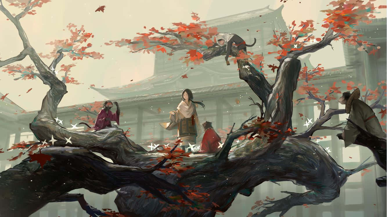 Feudal Japan 桌布 壁紙 — 古代日本人物聚集在一棵彎曲的楓樹下，樹葉火紅，背景是霧氣瀰漫的寺廟。