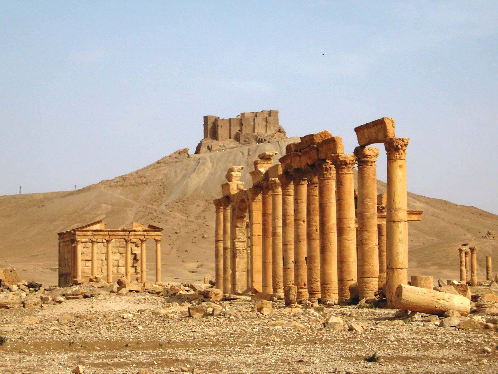 Syria 桌布 壁紙 — 古代石柱和寺廟遺跡在晴朗藍天下的荒蕪沙漠景觀中矗立。