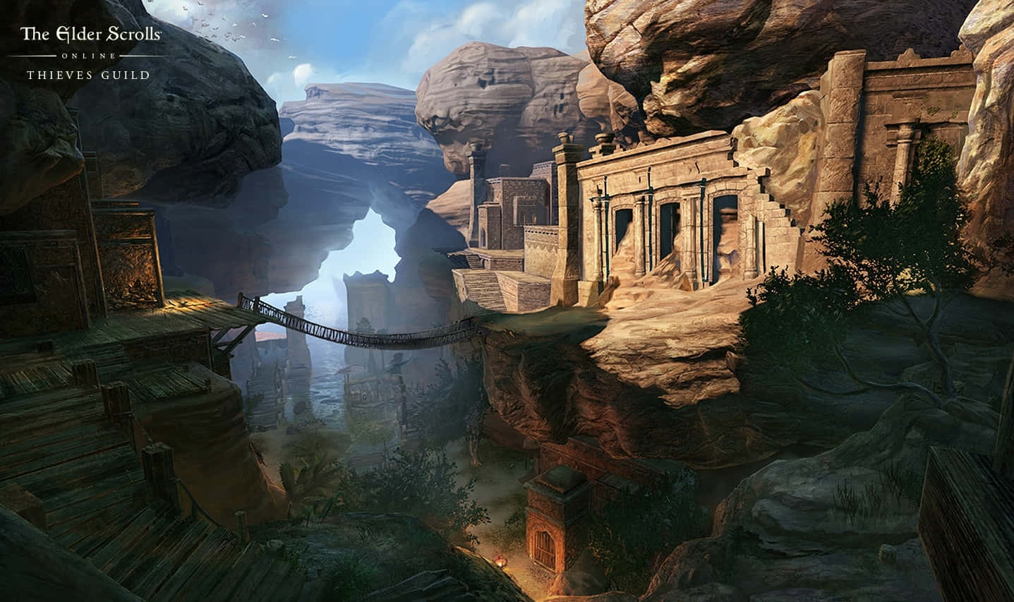 Thieves Guild 桌布 壁紙 — 古代石造遺跡依附在峽谷懸崖上，一座木橋橫跨霧氣瀰漫的深淵，天空明亮。