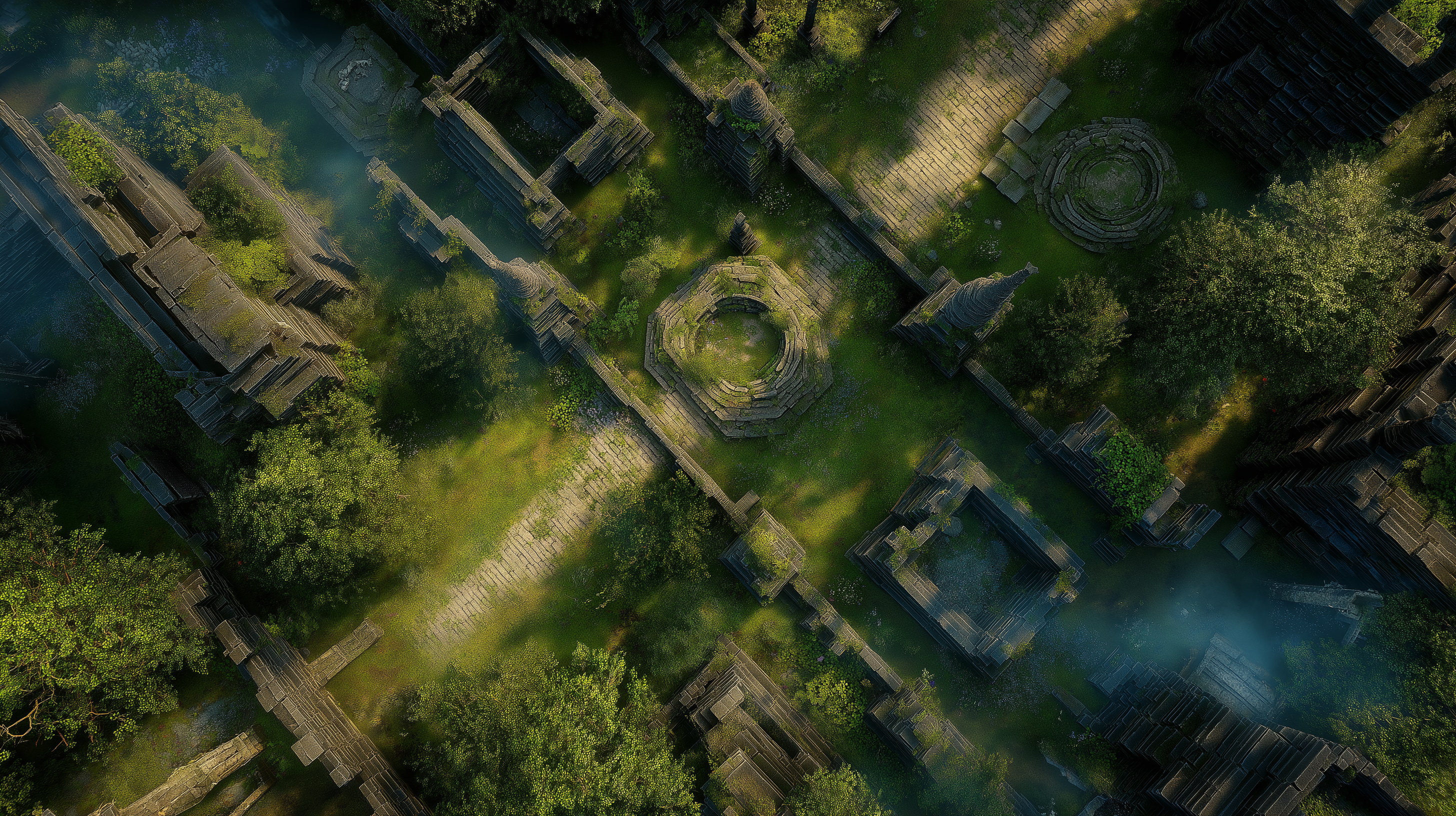 Fortress 桌布 壁紙 — 古代石造遺跡被茂密綠植和薄霧覆蓋，在斑駁陽光下的空拍視圖。