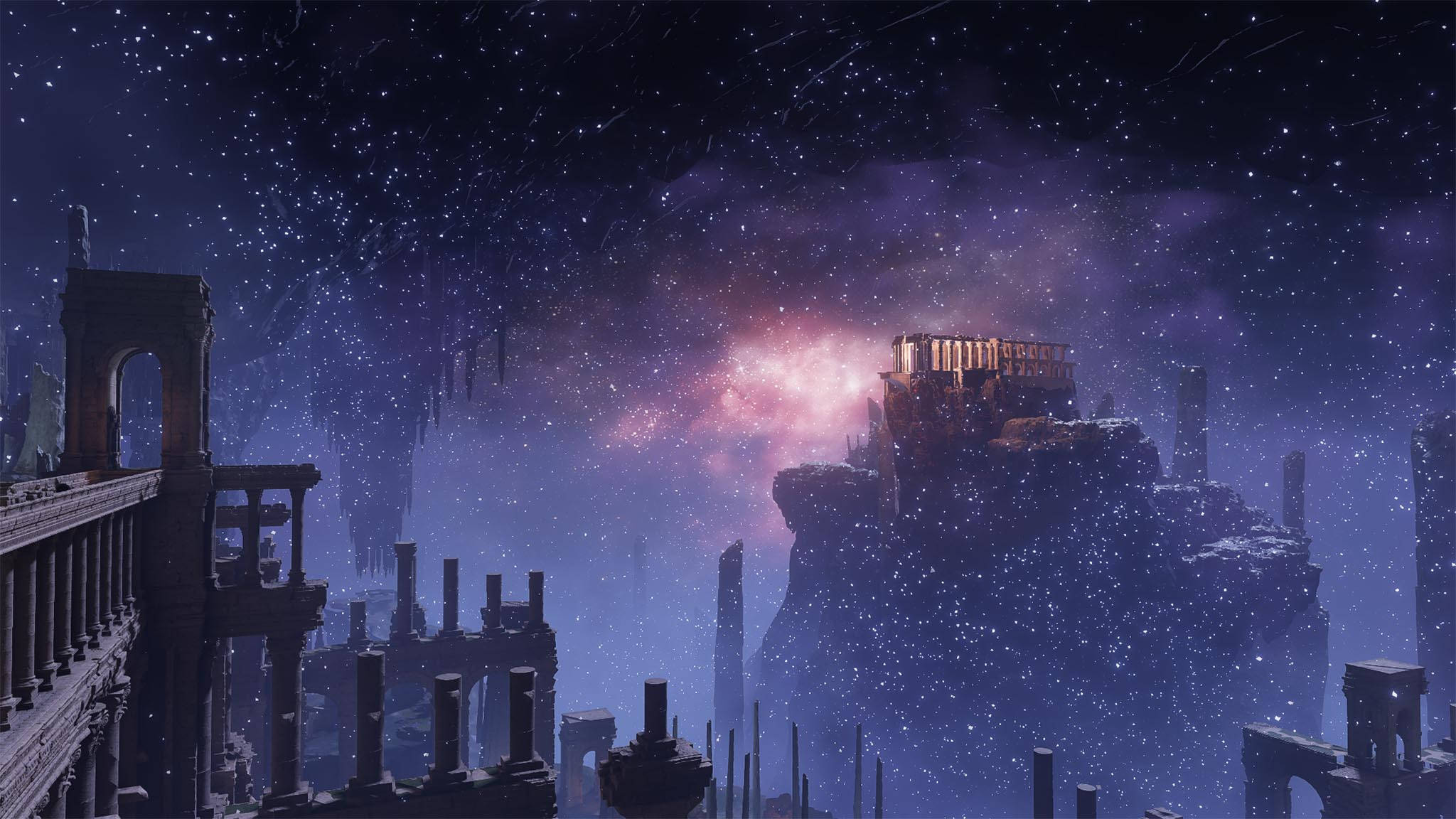 Ring 桌布 壁紙 — 古代石遺跡刺穿星空，發光的粉紅色星雲照亮了場景。