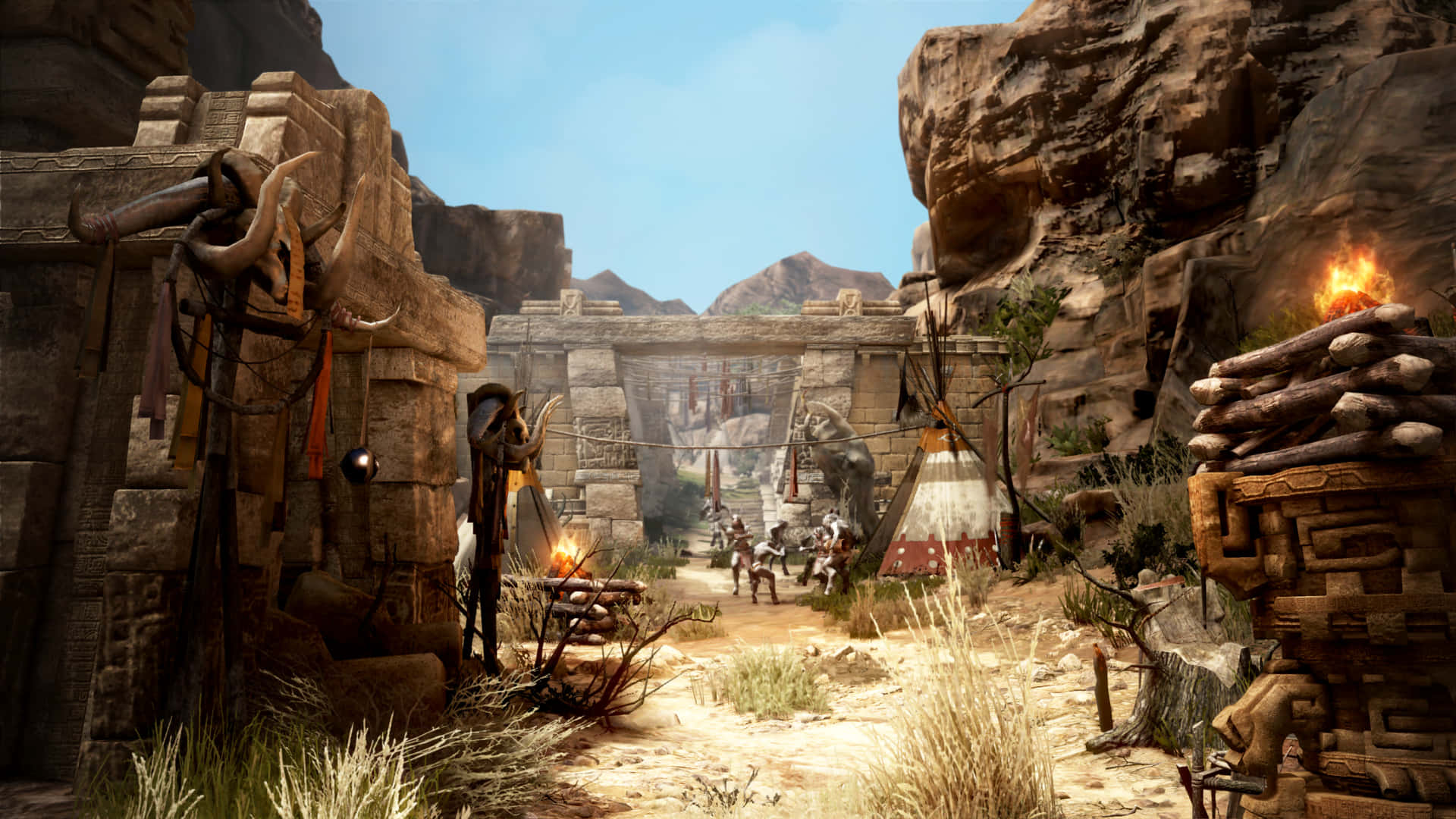 1366x768 Strange Brigade 桌布 壁紙 — 古代石頭廢墟坐落在岩石峽谷中，有火炬和部落人物，在明亮的日光下。