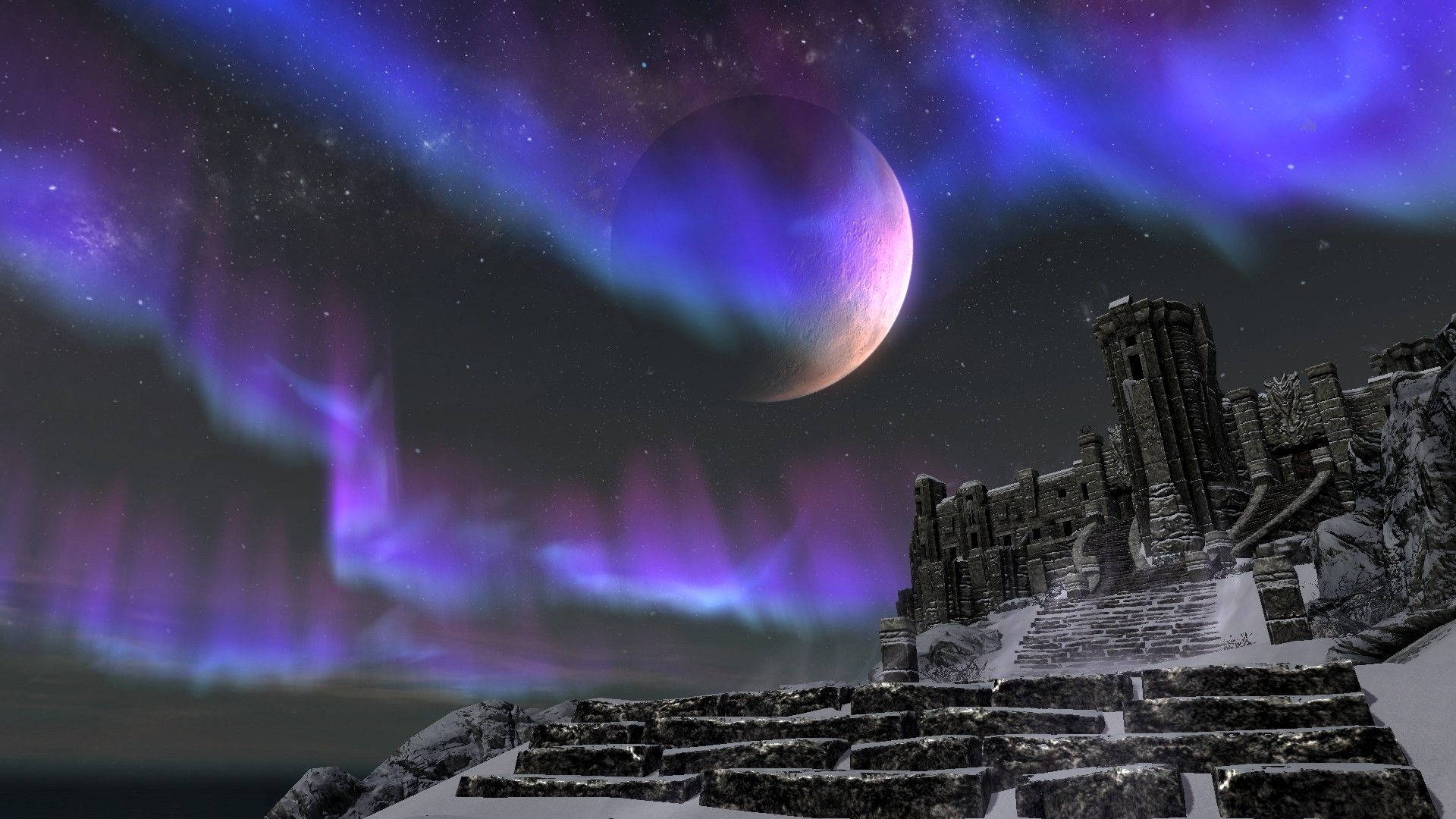 Beautiful Cool 桌布 壁紙 — 古代石頭廢墟矗立在充滿活力的紫色極光下，星空中有發光的行星。