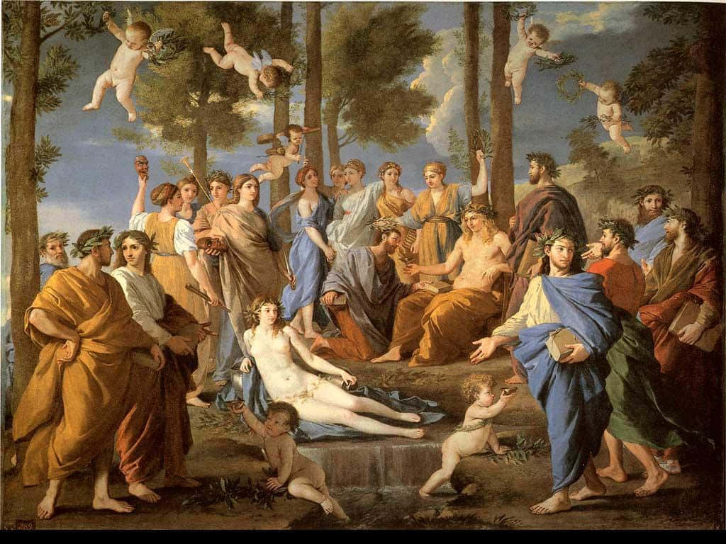 Best Greek Mythology 桌布 壁紙 — 古典人物身穿飄逸長袍，聚集在陽光明媚的森林中，上方有天使漂浮，中央有一位斜躺的裸女。