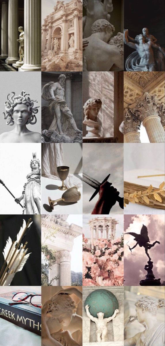 Greek Aesthetic 桌布 壁紙 — 古典大理石雕像和希臘神話及古代遺跡建築元素的拼貼畫。