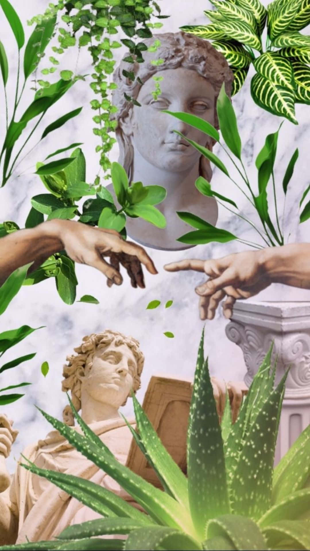 美學 桌布 壁紙 — 古典大理石雕像與茂密的綠色樹葉和藤蔓交織在一起，形成超現實的植物構圖。