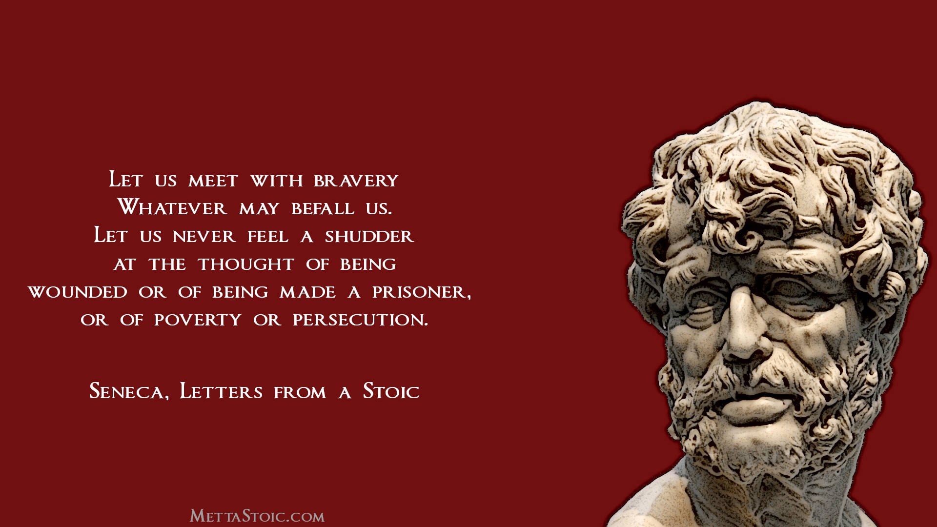 Stoicism 桌布 壁紙 — 古典的塞內加大理石半身像，背景為深紅色，並以白色文字顯示其斯多葛學派名言。