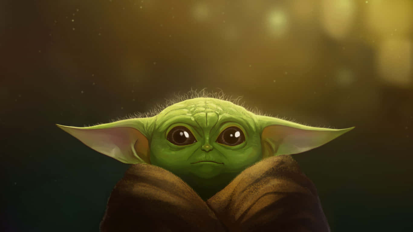 Baby Yoda Cartoon 桌布 壁紙 — 古古（Grogu）的特寫，綠色的寶寶尤達包著棕色長袍，背景是溫暖的金色散景。