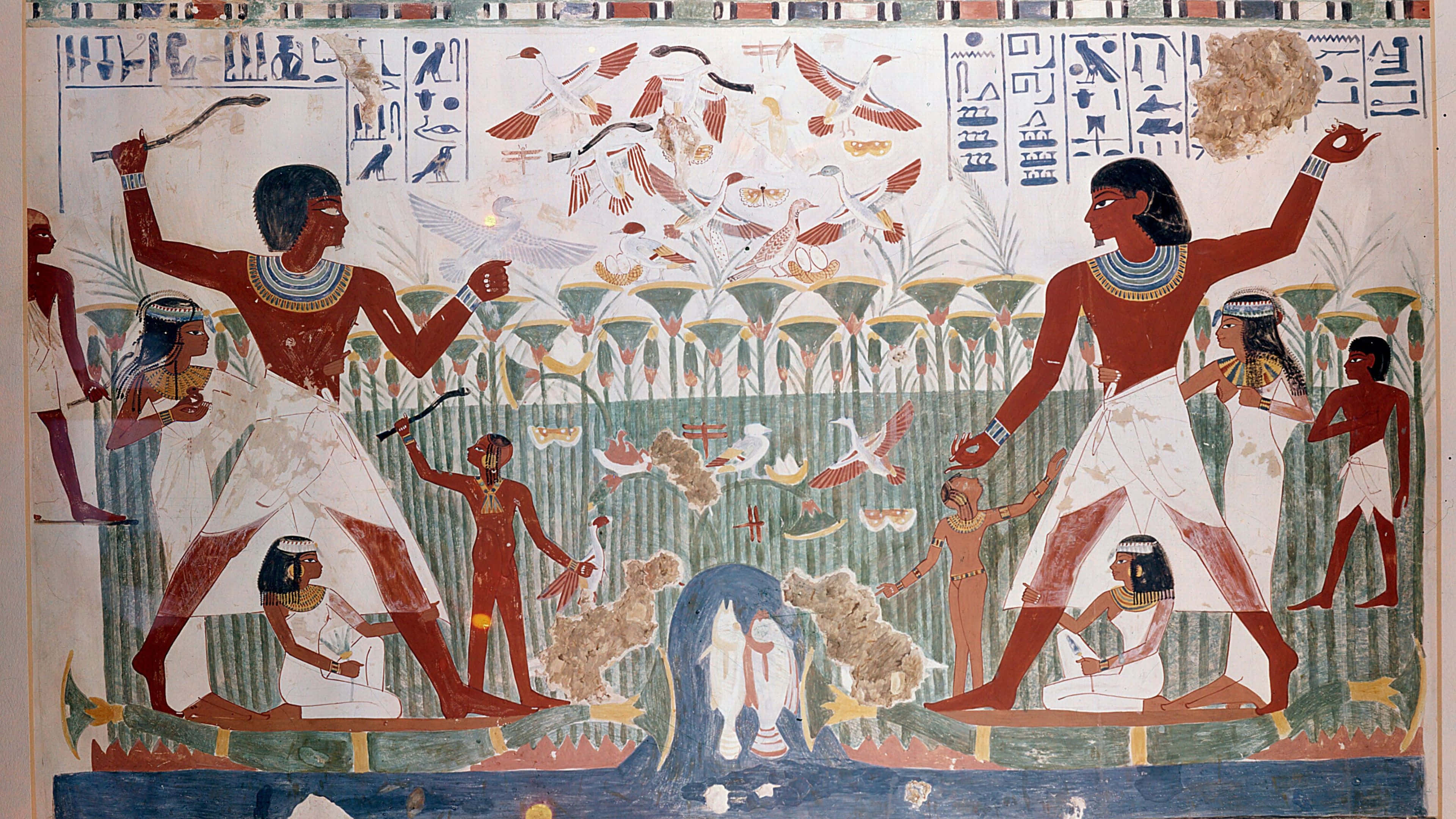 Ancient Egypt 桌布 壁紙 — 古埃及墓室壁畫，描繪人物在條紋綠色背景上與鳥類和象形文字進行儀式舞蹈。