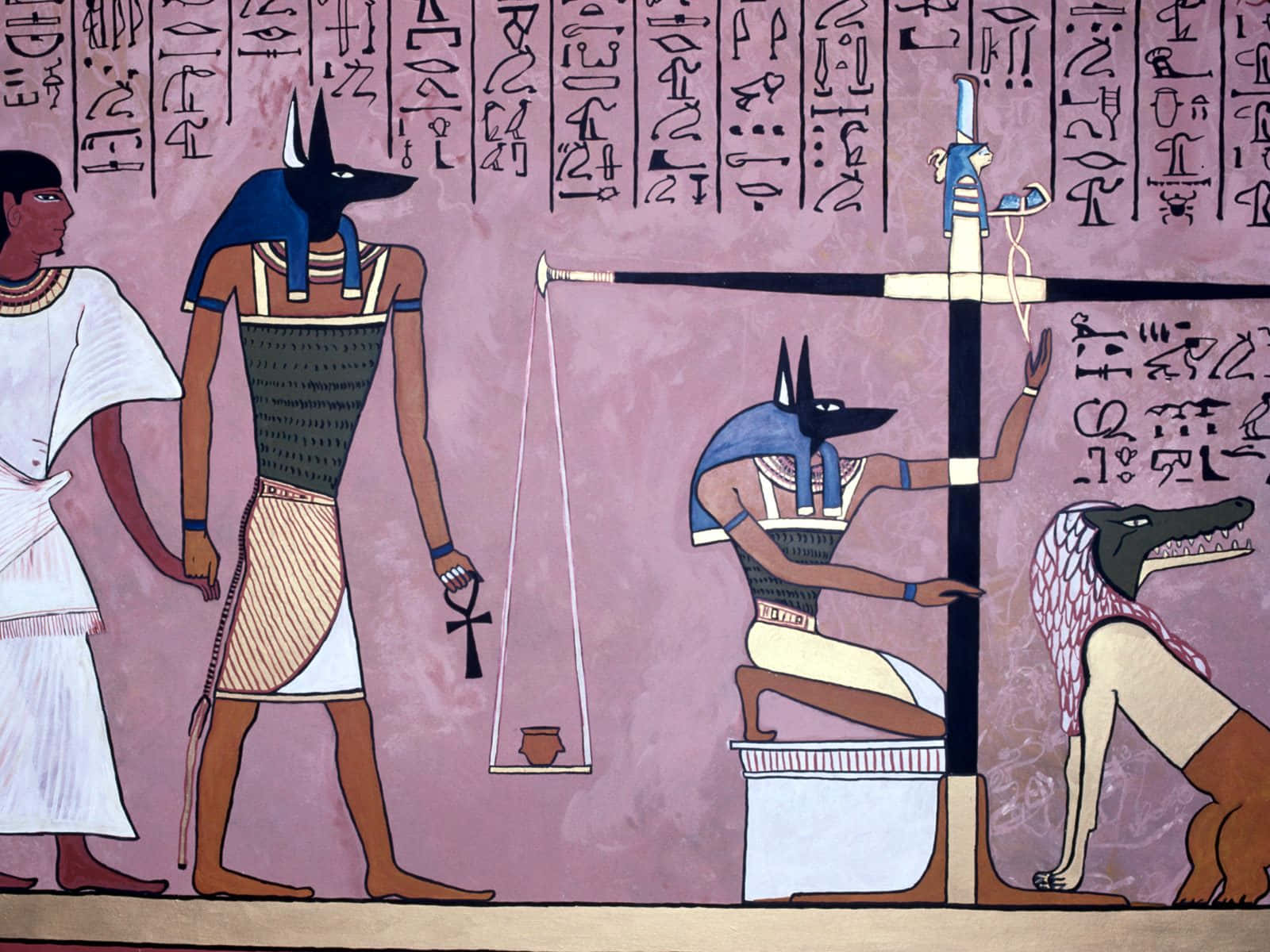 egyptian 桌布 壁紙 — 古埃及壁畫描繪阿努比斯在粉紅色背景上，與豺頭神和象形文字一起用羽毛稱量心臟。