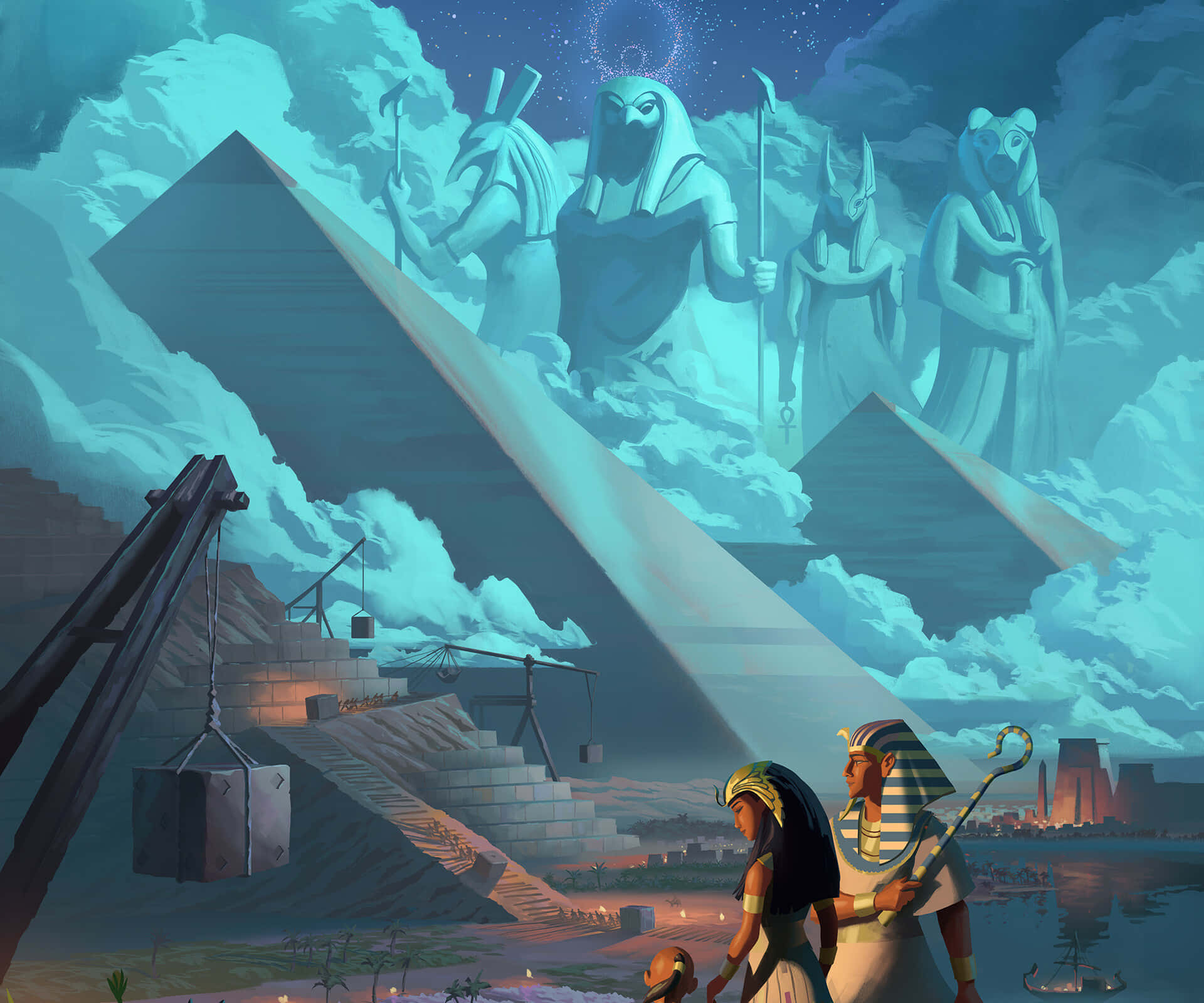 egyptian 桌布 壁紙 — 古埃及工人在星空下建造金字塔，巨大的神像聳立在上方。