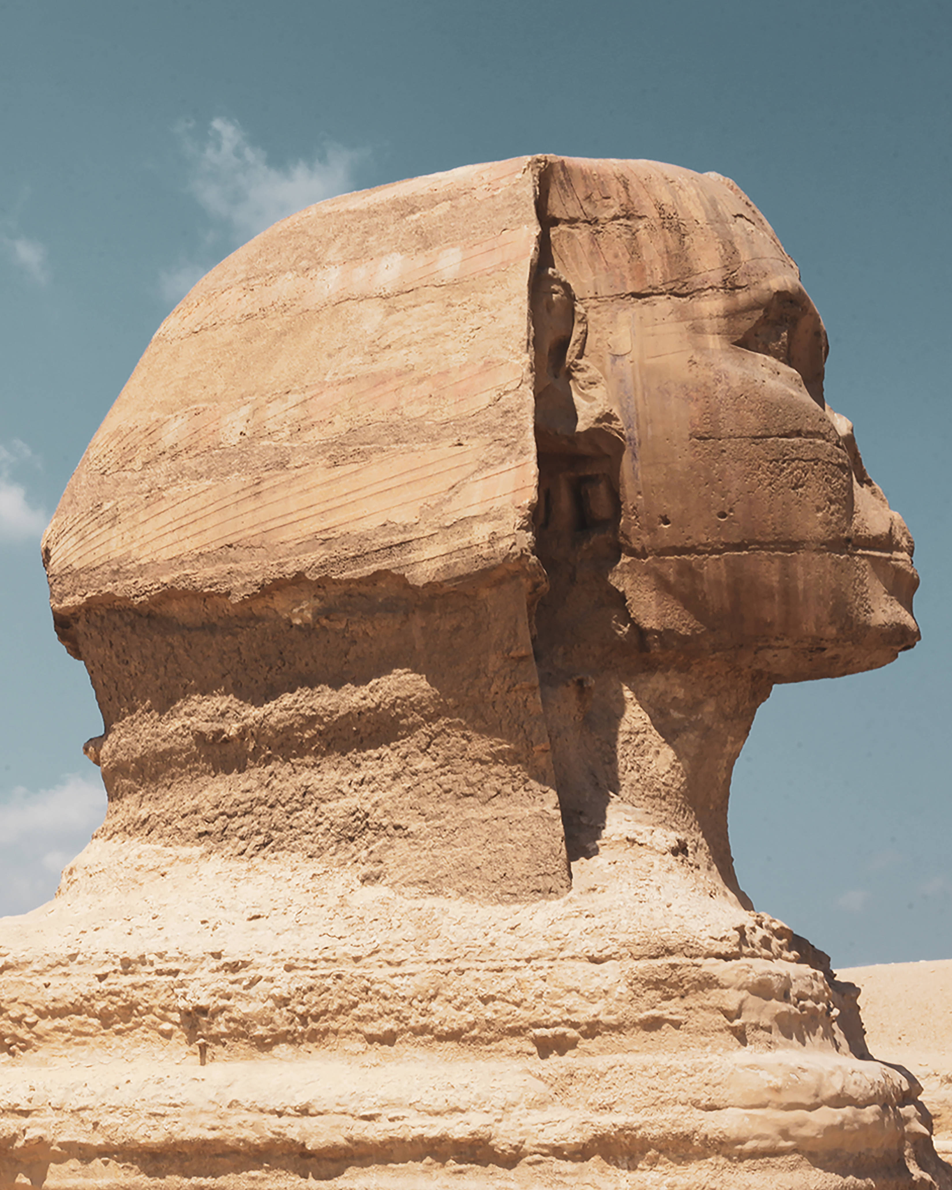 Egypt 桌布 壁紙 — 古埃及獅身人面像在晴朗的藍天下雄偉地矗立，可見風化的石頭紋理。