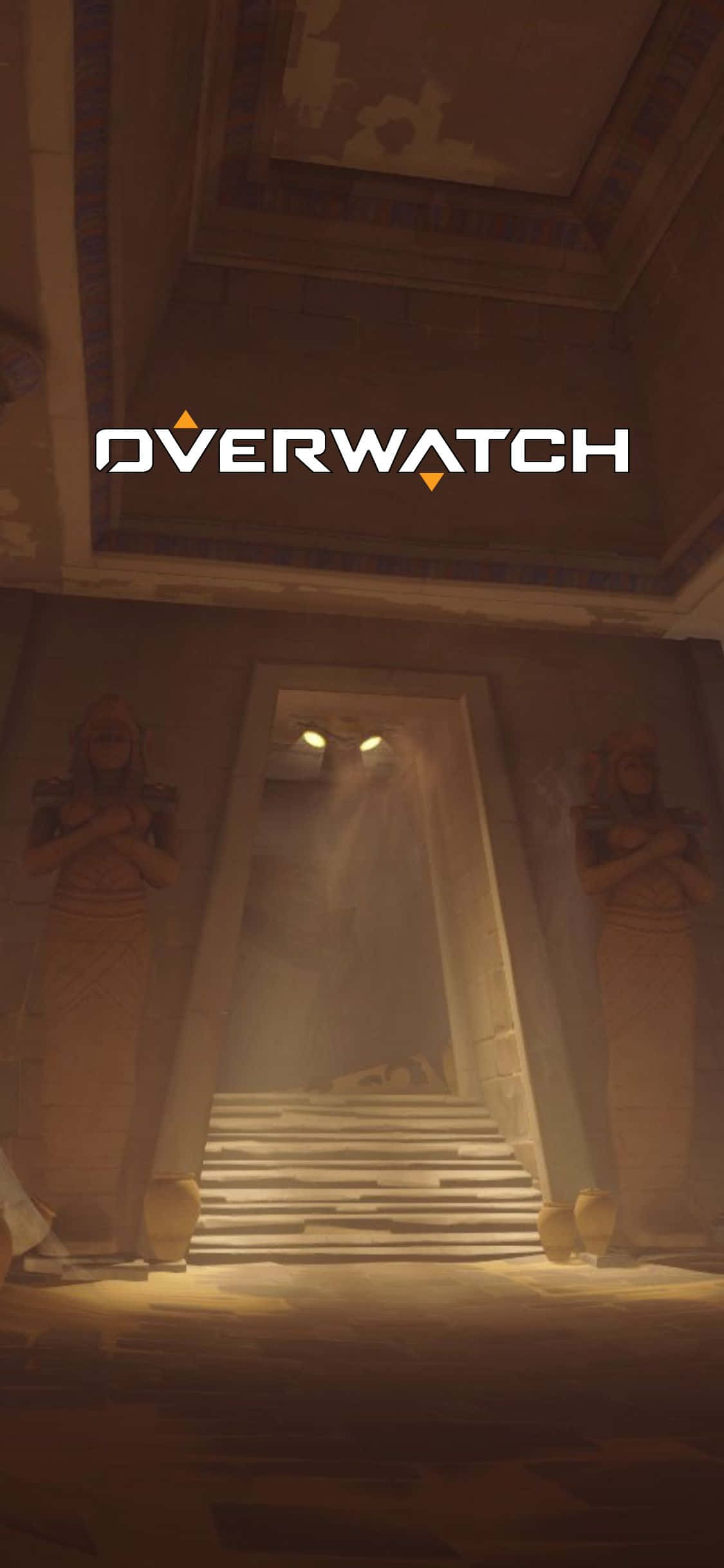 iPhone X Overwatch 桌布 壁紙 — 古埃及神廟內部，石像矗立在陽光照射的樓梯兩側，通往發光的門口。