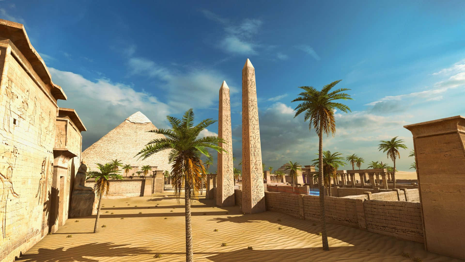 pyramid 桌布 壁紙 — 古埃及神廟建築群，有方尖碑、金字塔和棕櫚樹，在明亮的藍天下。