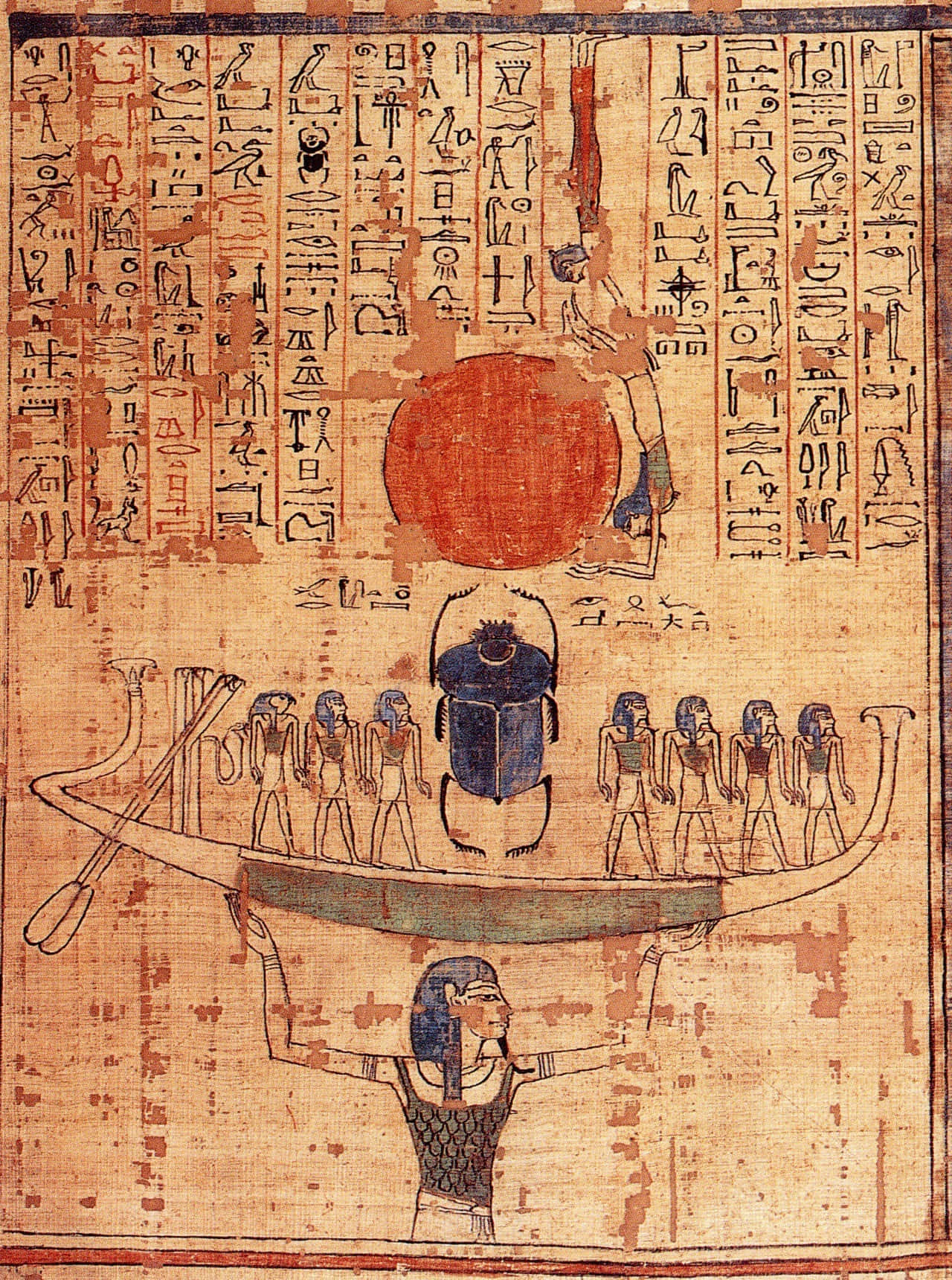 Mythical 桌布 壁紙 — 古埃及紙莎草紙描繪太陽神拉在太陽船上由眾神引導穿越天空。