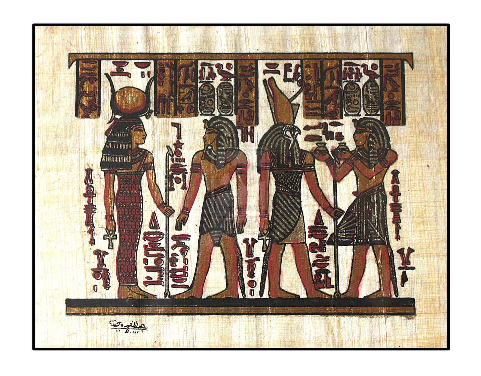 egyptian 桌布 壁紙 — 古埃及象形文字壁畫描繪了四個穿著傳統服飾的風格化人物，帶有象徵性文物和銘文。