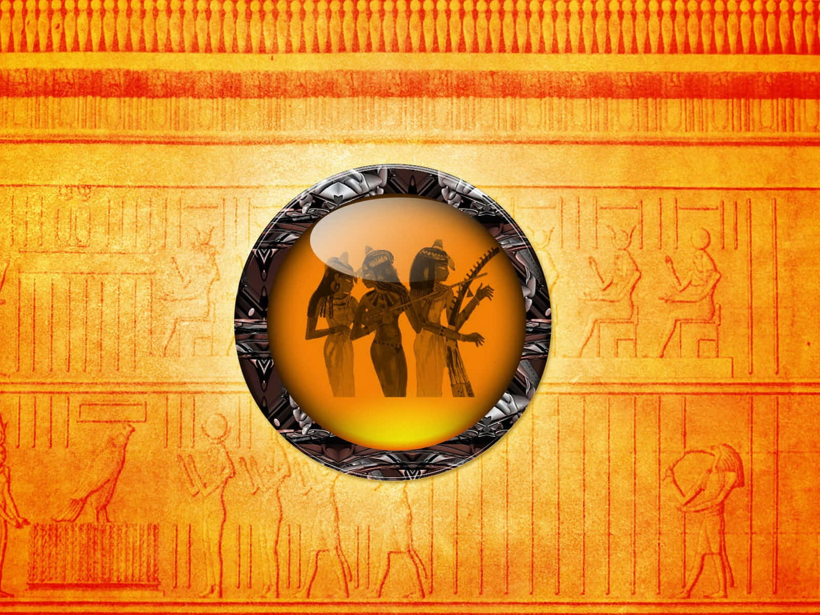 egyptian 桌布 壁紙 — 古埃及象形文字裝飾著金橙色牆壁，圓形嵌圖中顯示三個穿著傳統服飾的剪影人物。