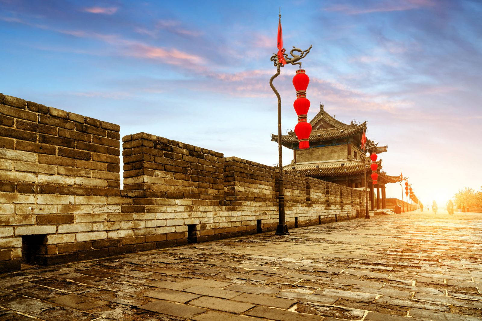 Xian 桌布 壁紙 — 古城牆在金色夕陽天空下延伸，紅色燈籠沿路發光。