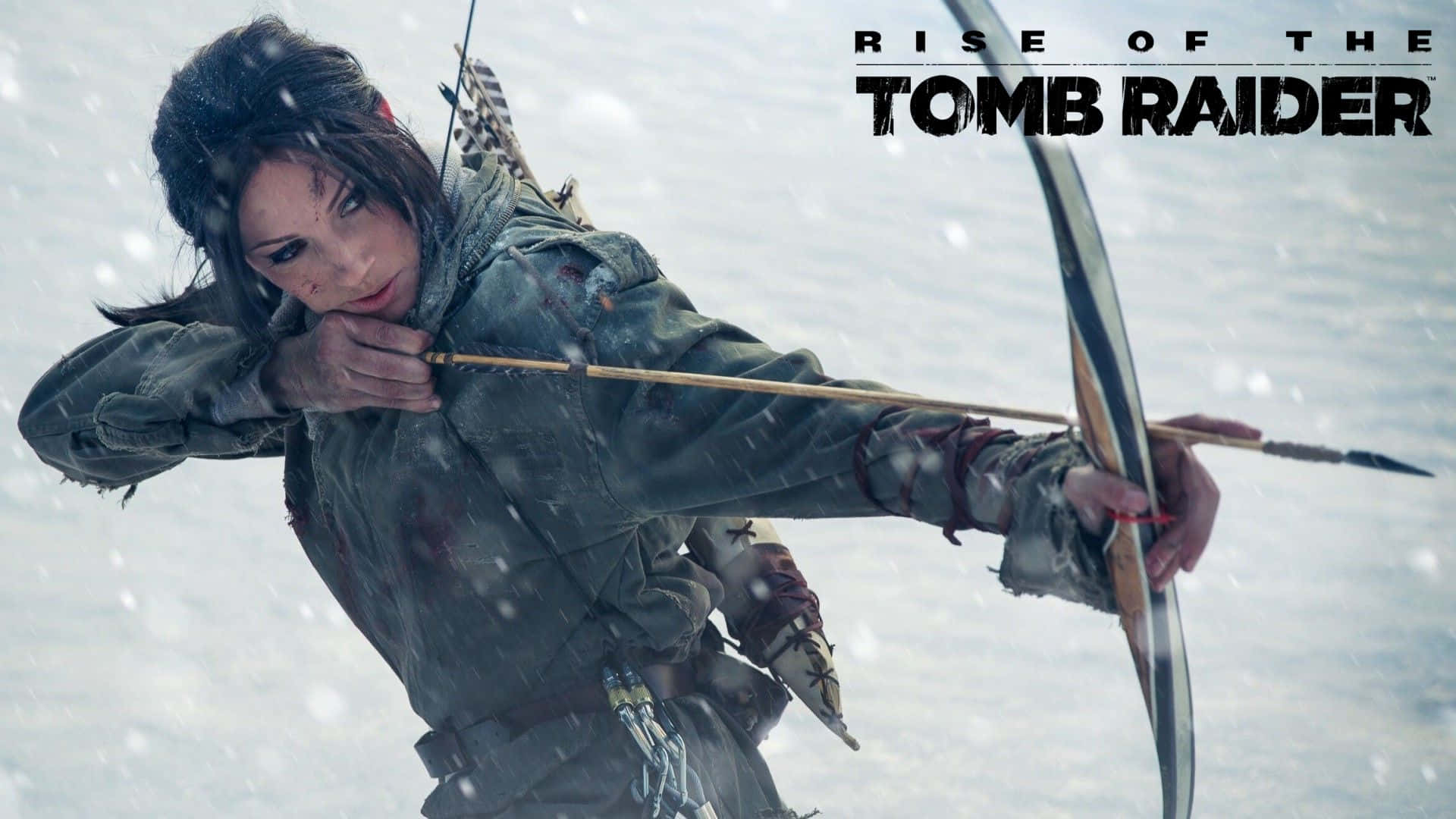 Lara Croft 桌布 壁紙 — 《古墓奇兵：崛起》中，堅定的蘿拉·卡芙特在雪地景觀中瞄準弓箭。