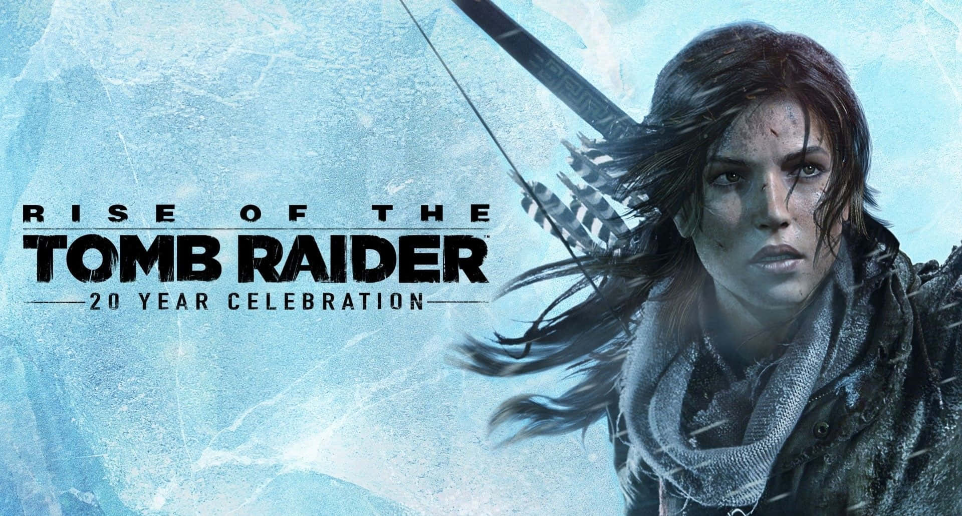 Lara Croft 桌布 壁紙 — 《古墓奇兵：崛起》中的蘿拉·卡芙特在冰冷的風中堅定地站著，拉弓對著冰藍色的背景。