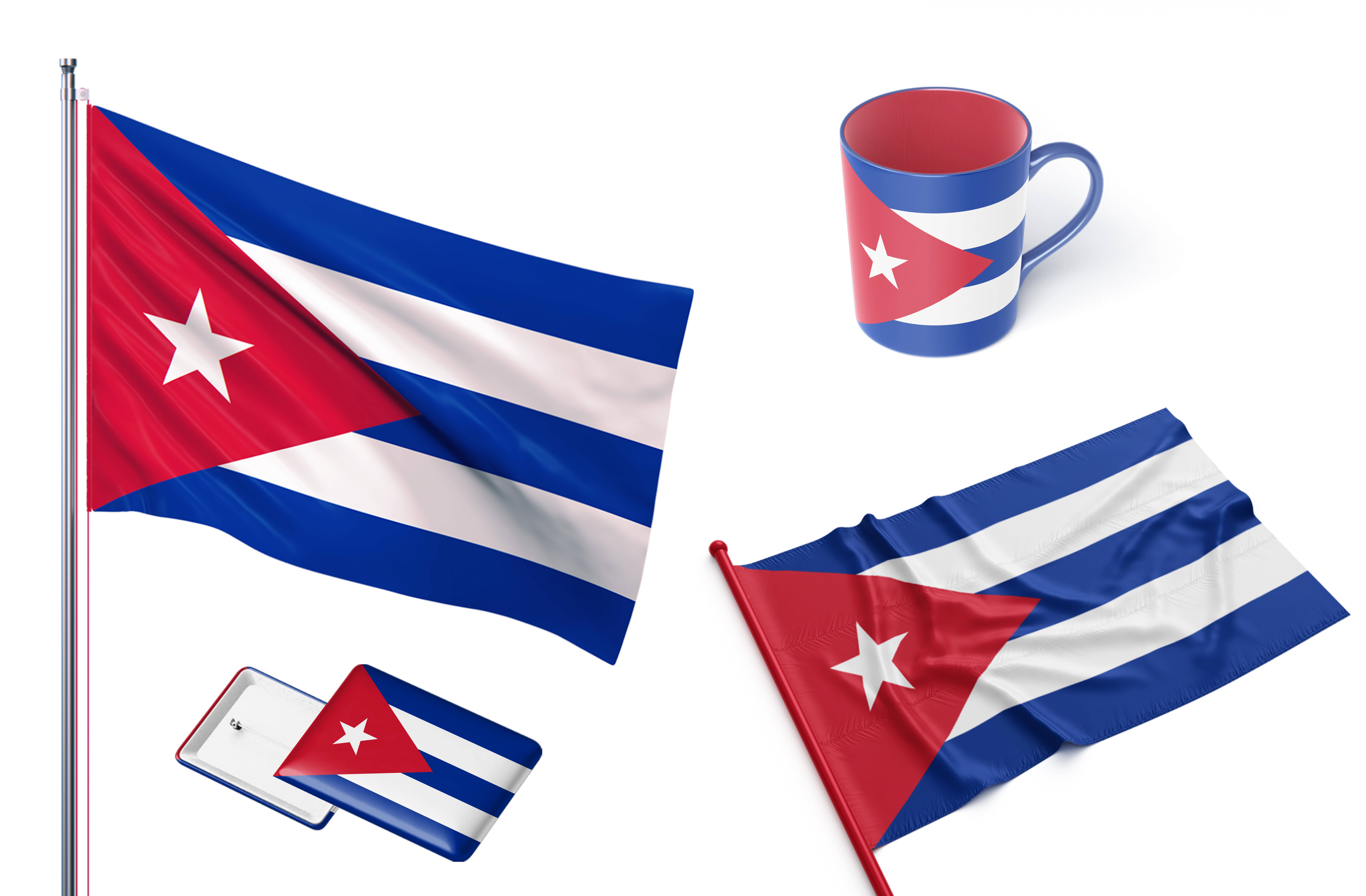 Cuban 桌布 壁紙 — 古巴國旗自豪地飄揚，旁邊有一個同樣採用鮮豔紅、白、藍設計的杯子和身份證。