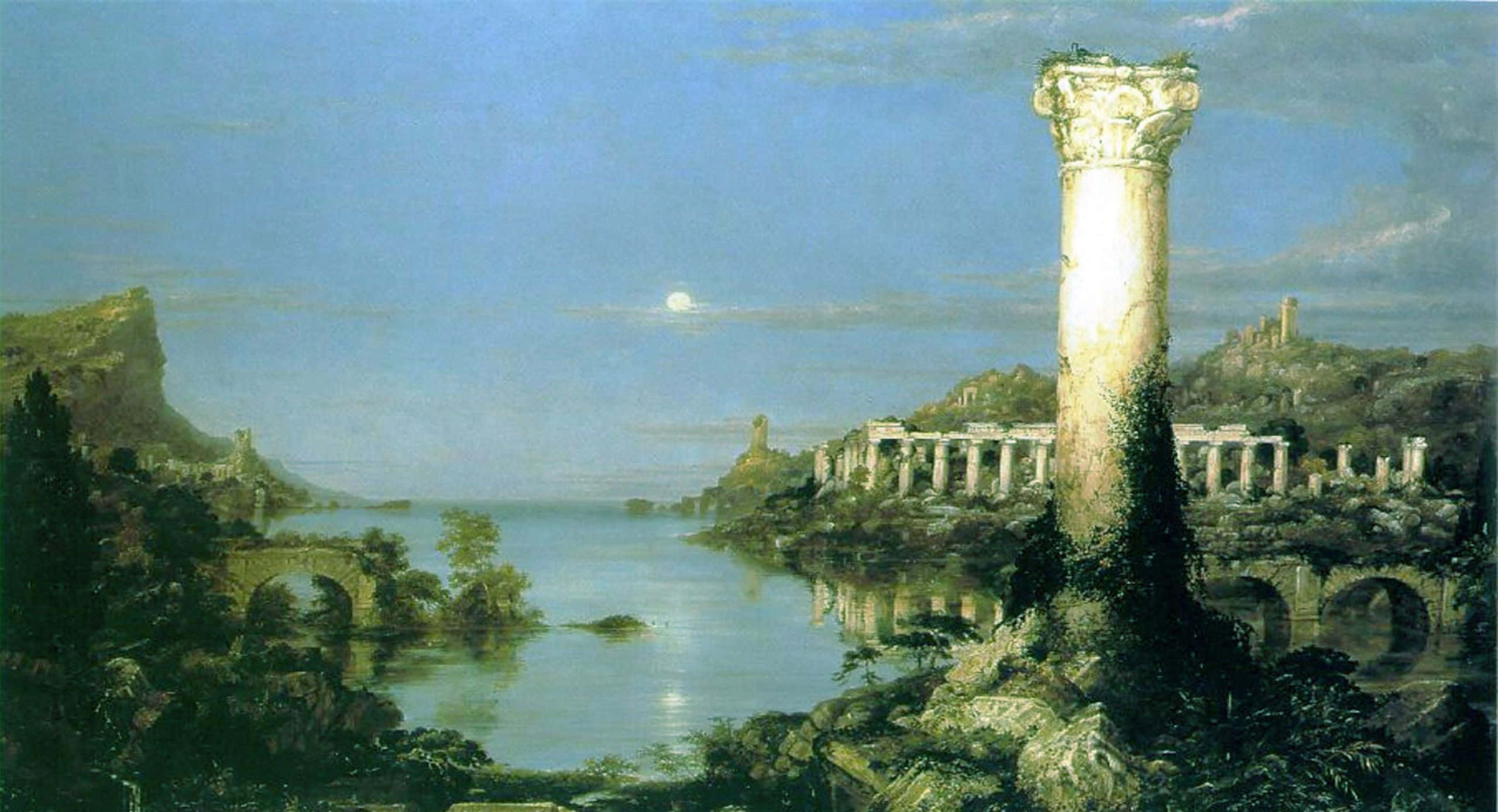 Romanticism 桌布 壁紙 — 古希臘遺跡，聳立的圓柱矗立在平靜的湖邊，沐浴在明亮的月光下。