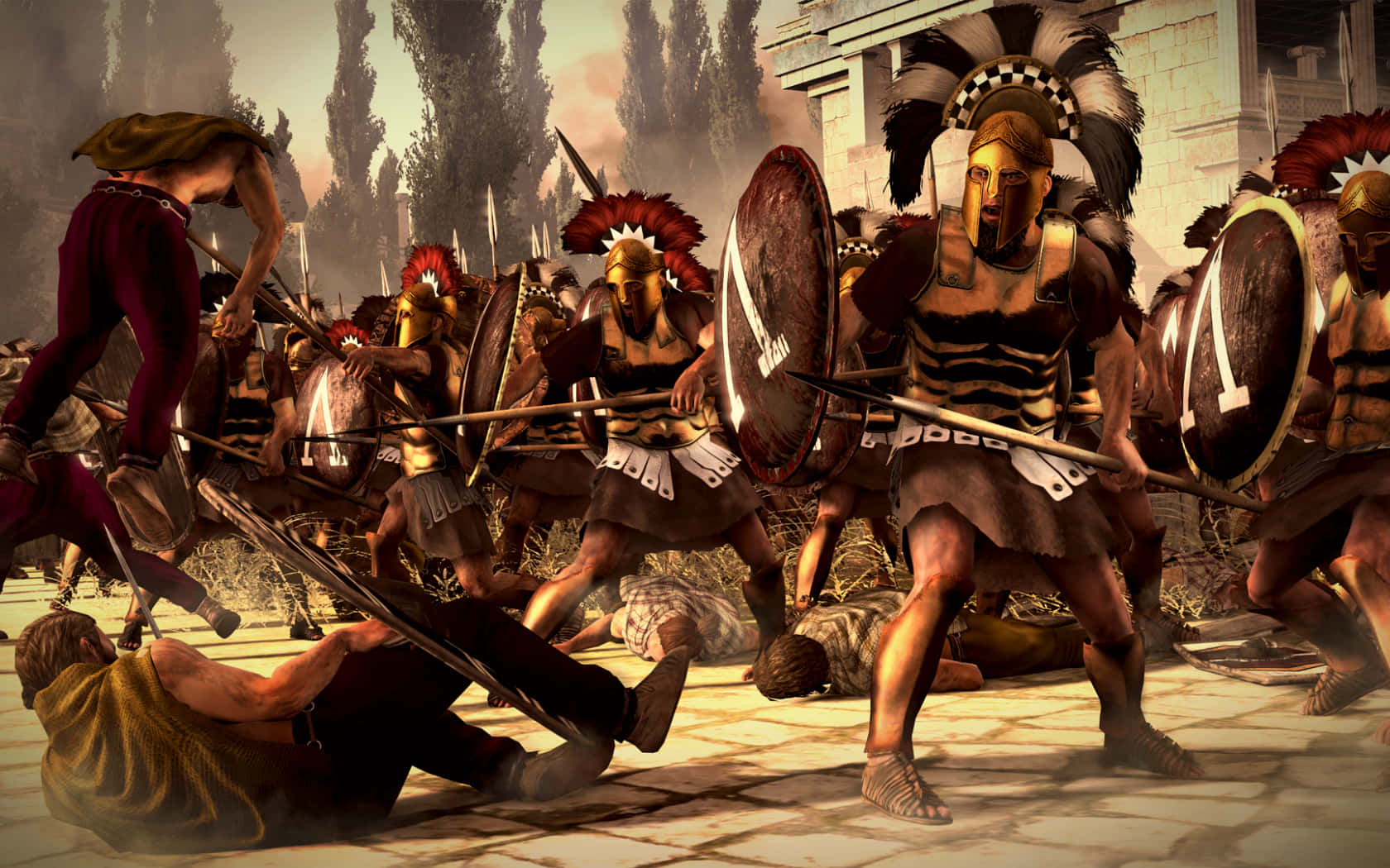 Best Total War Shogun 2 桌布 壁紙 — 古希臘重裝步兵在倒下的戰士和 crumbling 石頭建築中進行殘酷的近距離戰鬥。