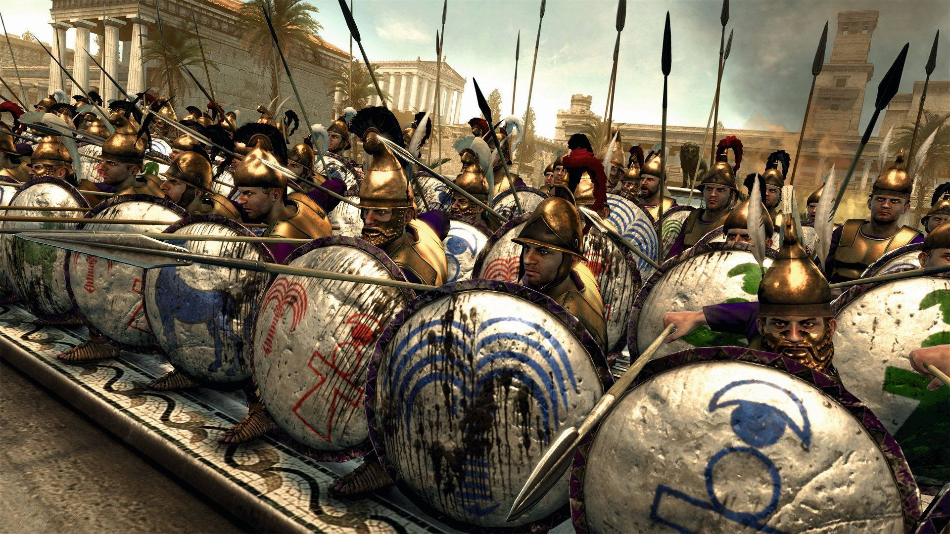 Rome 桌布 壁紙 — 古希臘重裝步兵身穿青銅盔甲，在陰天、古典柱廊附近，以緊密陣型前進，手持彩繪盾牌和長矛。