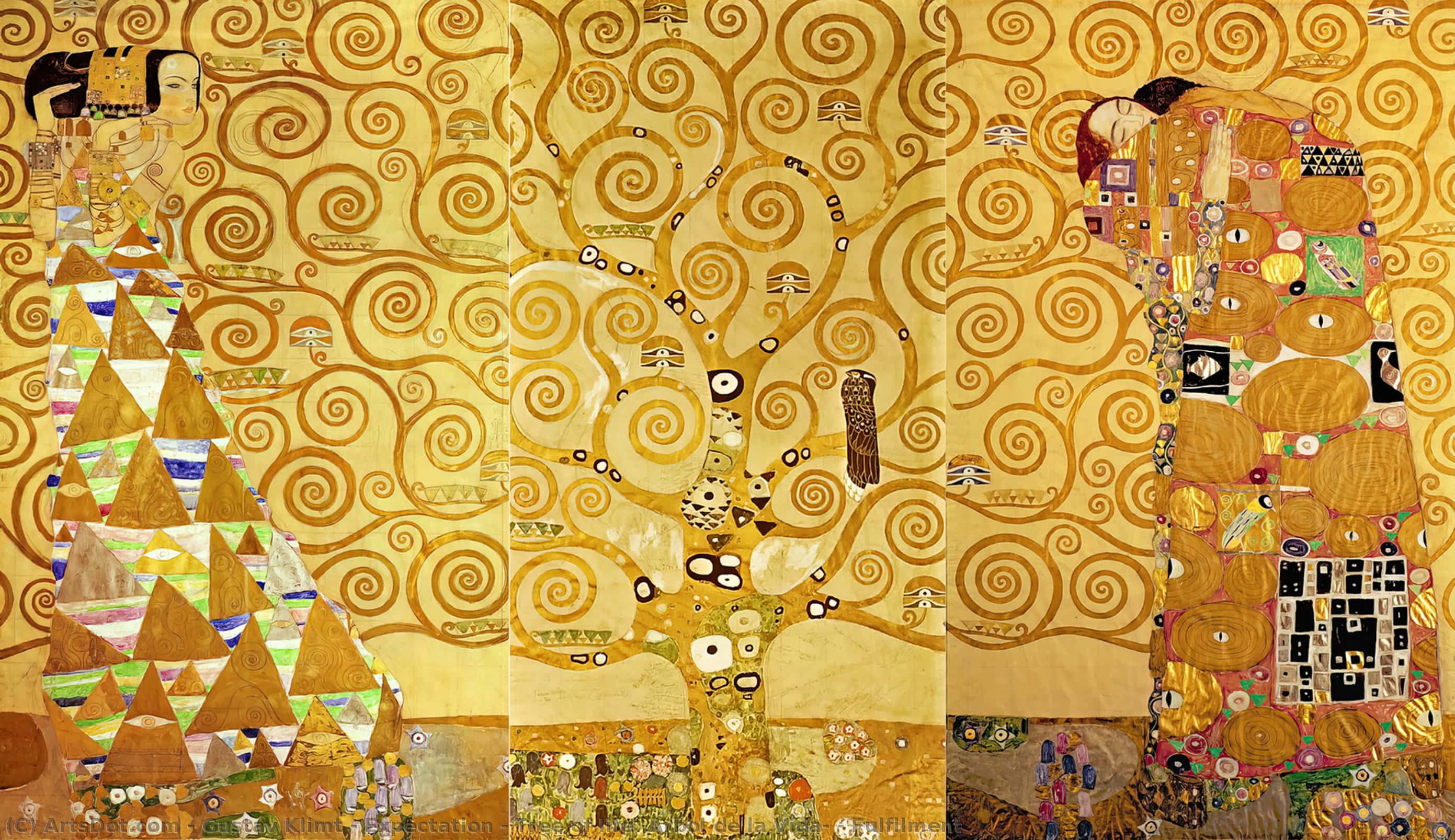 Painting 桌布 壁紙 — 古斯塔夫·克林姆的三聯畫中，一幅金色漩渦狀的生命之樹，帶有複雜的圖案和人物。