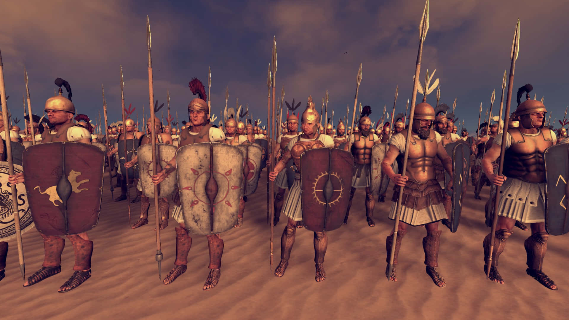 1920x1080 Total War Rome 2 桌布 壁紙 — 古羅馬軍團士兵全副武裝，在陰天之下列隊行進於塵土飛揚的戰場。