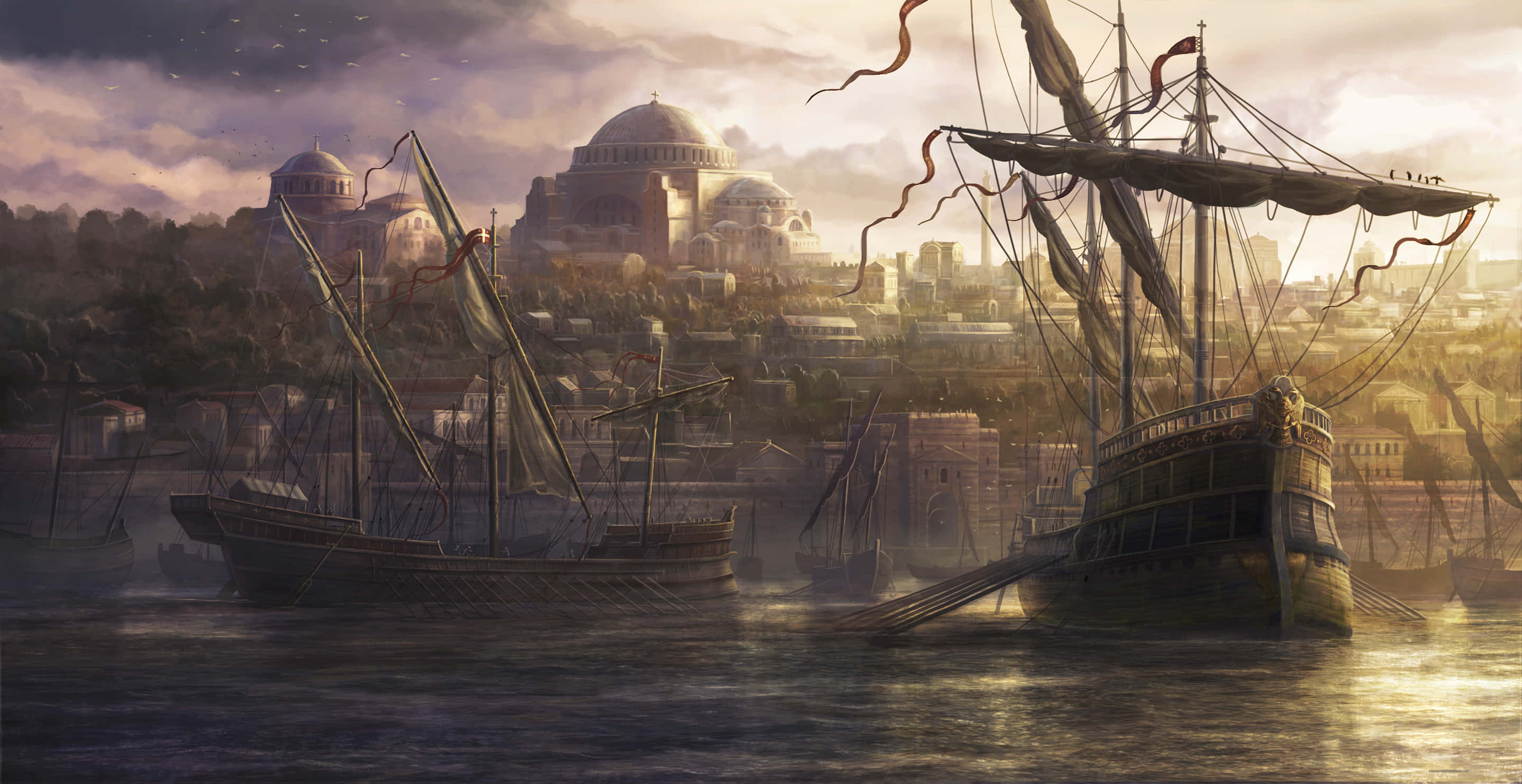 Best Total War Attila 桌布 壁紙 — 古老城市擁有圓頂建築和帆船，靜靜地躺在金色日落天空下的平靜水面上。