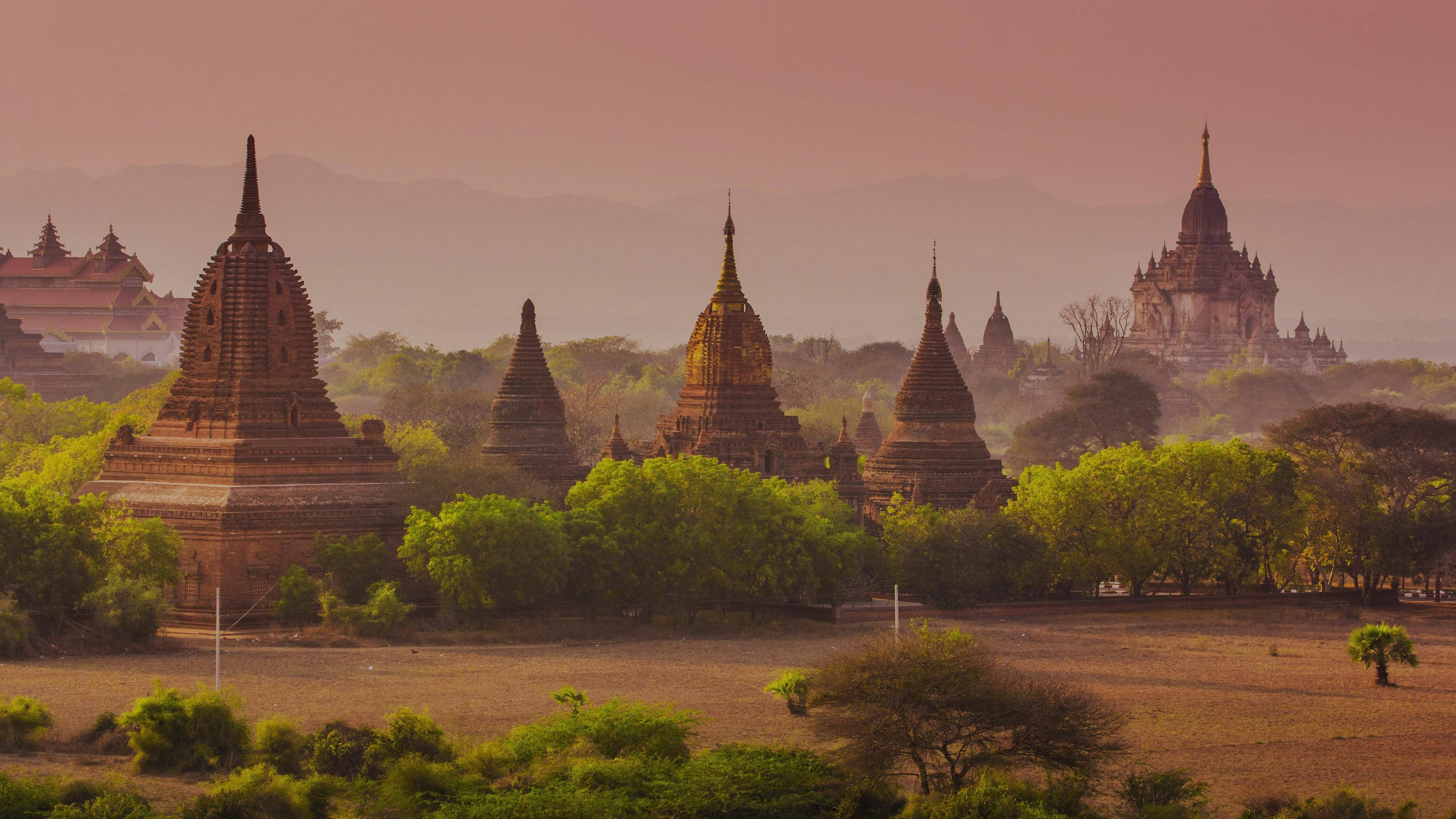 Burma 桌布 壁紙 — 古老寶塔從霧氣瀰漫的田野中升起，在黎明時分，柔和的粉紅與金色光芒沐浴著場景。