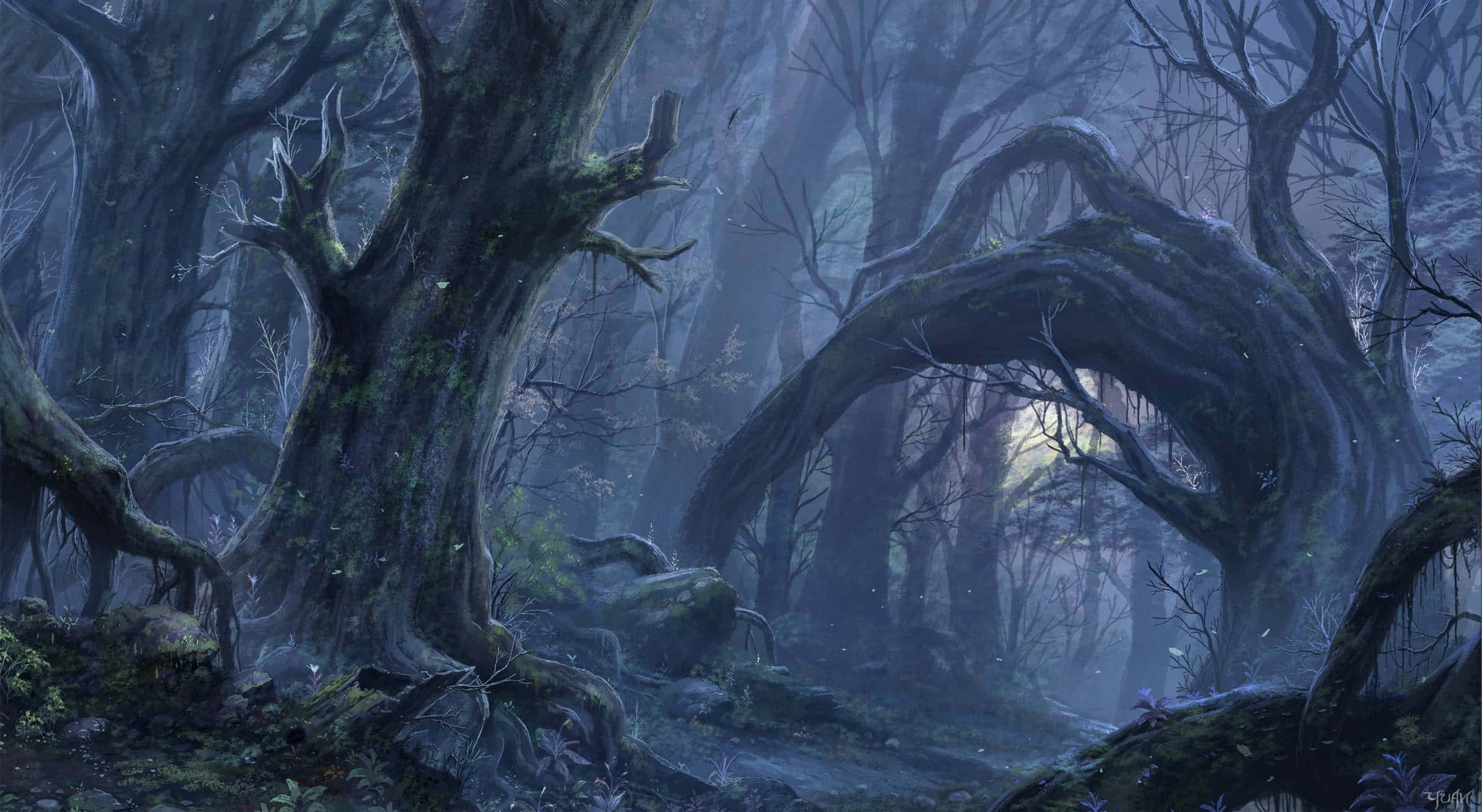 woods 桌布 壁紙 — 古老扭曲的樹木在黑暗魔法森林中形成一條霧氣拱門，散發著空靈的藍光。