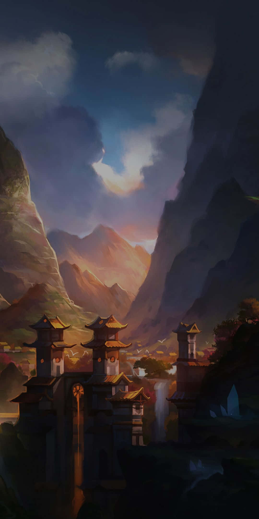 桌布 壁紙 — 古老東方寺廟坐落在壯麗的山谷中，沐浴在暮色之中。
