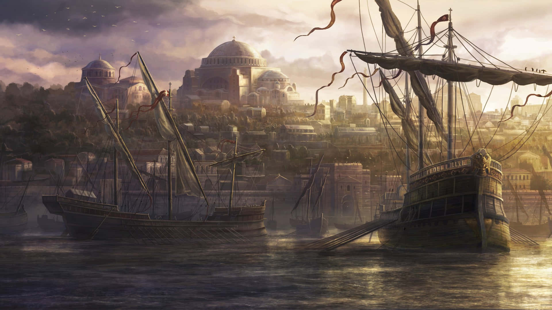 Total War Attila 桌布 壁紙 — 古老港口城市，擁有圓頂清真寺和帆船，在戲劇性的金色日落天空下。