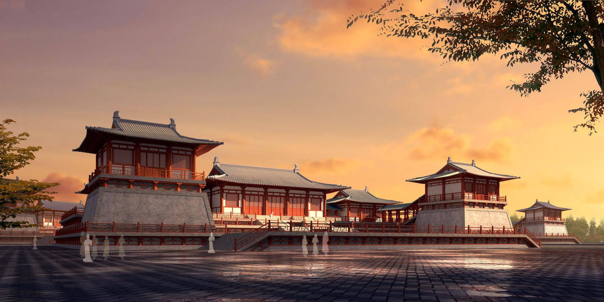 Xian 桌布 壁紙 — 古老的中國宮殿建築群沐浴在金色的夕陽光下，擁有精緻的木結構建築和石頭庭院。