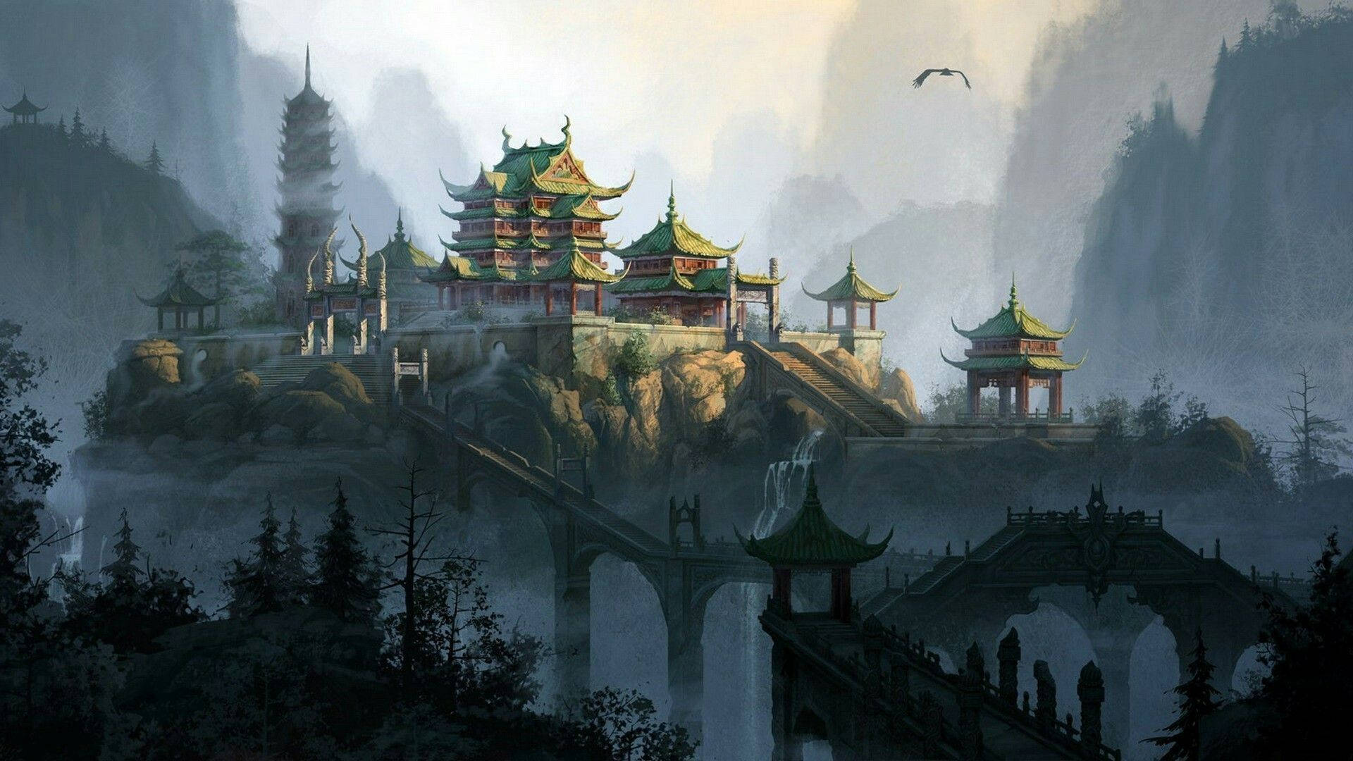 唐人街 桌布 壁紙 — 古老的中國寺廟建築群坐落在雲霧繚繞的山崖上，有石橋和寶塔，沐浴在柔和的晨光中。