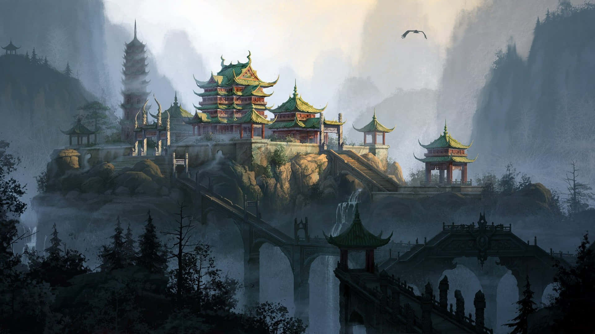 桌布 壁紙 — 古老的中國寺廟建築群坐落在雲霧繚繞的山崖上，綠色屋頂和石橋橫跨瀑布。