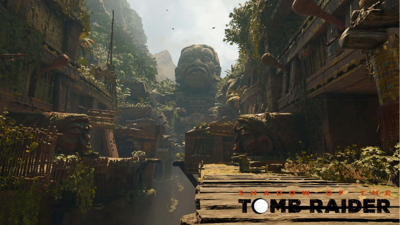 video games 桌布 壁紙 — 古老的叢林遺跡中，巨大的石頭面孔在明亮的日光下聳立於木質小徑之上。