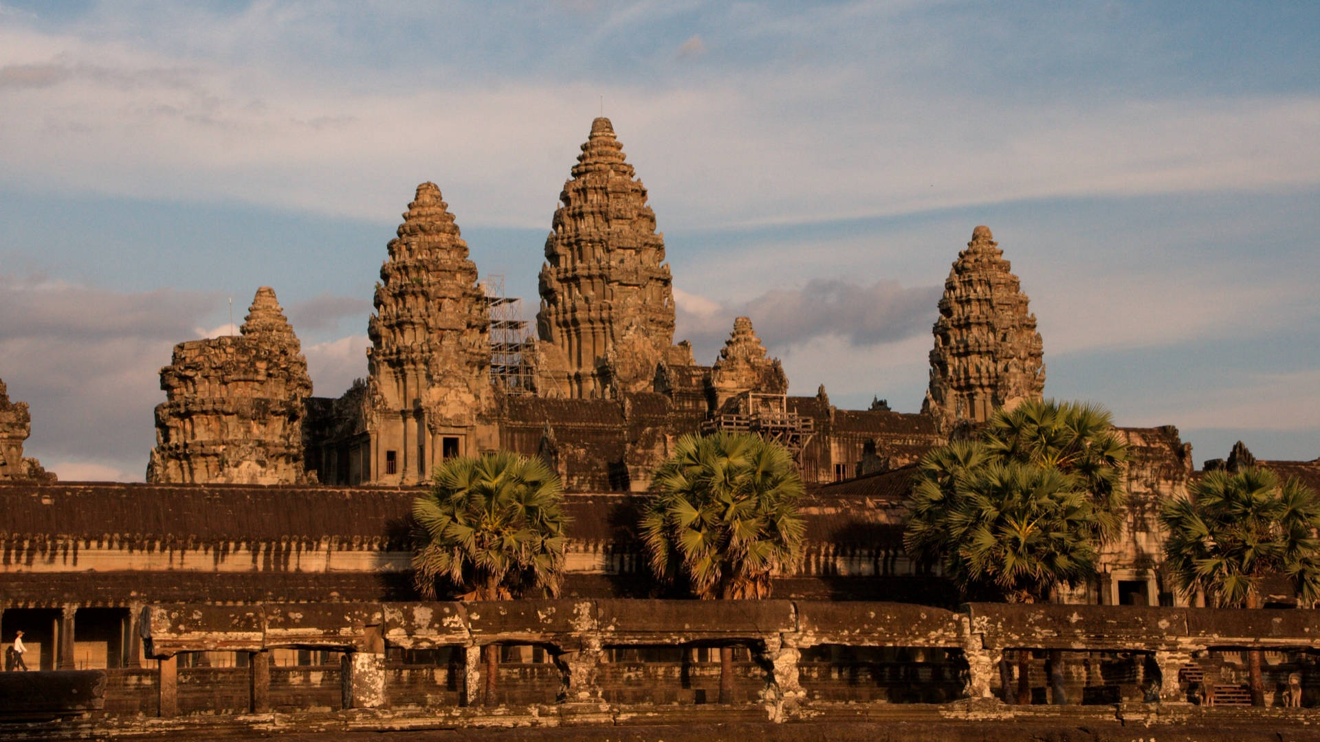 Cambodia 桌布 壁紙 — 古老的吳哥窟寺廟群沐浴在金色的日落光芒中，棕櫚樹在柔和的藍天下形成剪影。