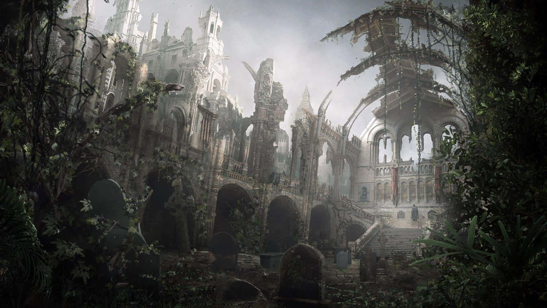 Dark Dystopian 桌布 壁紙 — 古老的哥德式大教堂遺址，藤蔓和苔蘚叢生，籠罩在霧濛濛的灰色天空下。
