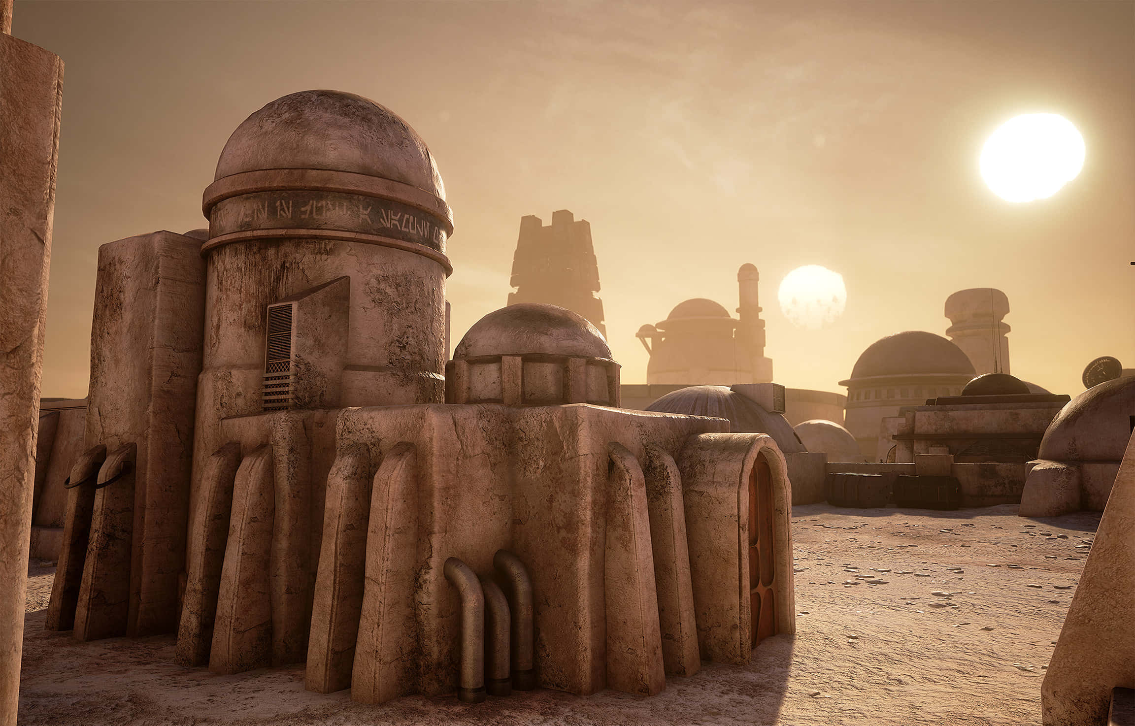 Tatooine 桌布 壁紙 — 古老的圓頂石結構矗立在沙漠中，在雙重太陽光輝下，伴隨著朦朧的大氣薄霧。
