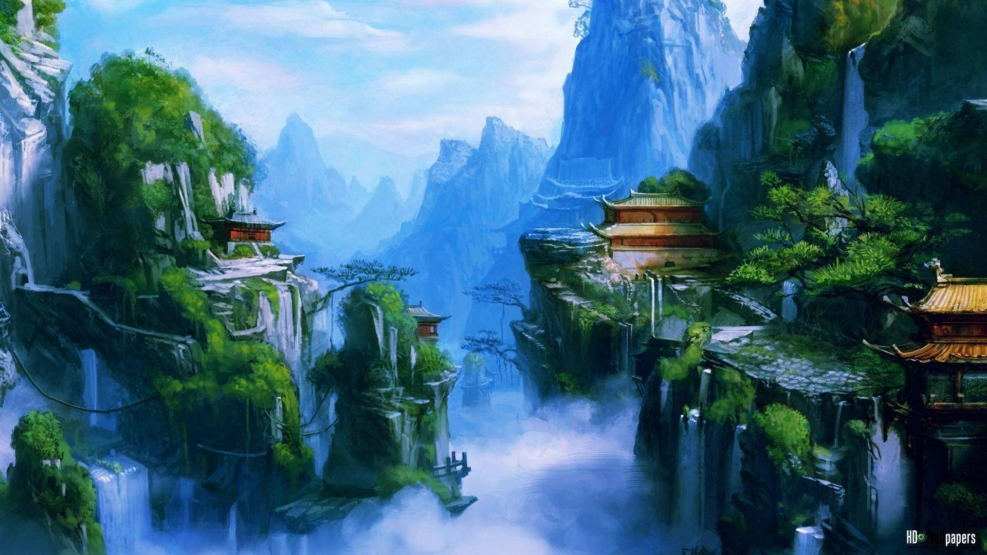 Screen 桌布 壁紙 — 古老的東方寺廟坐落在雲霧繚繞的懸崖頂峰，周圍環繞著層疊瀑布和茂密的綠植。